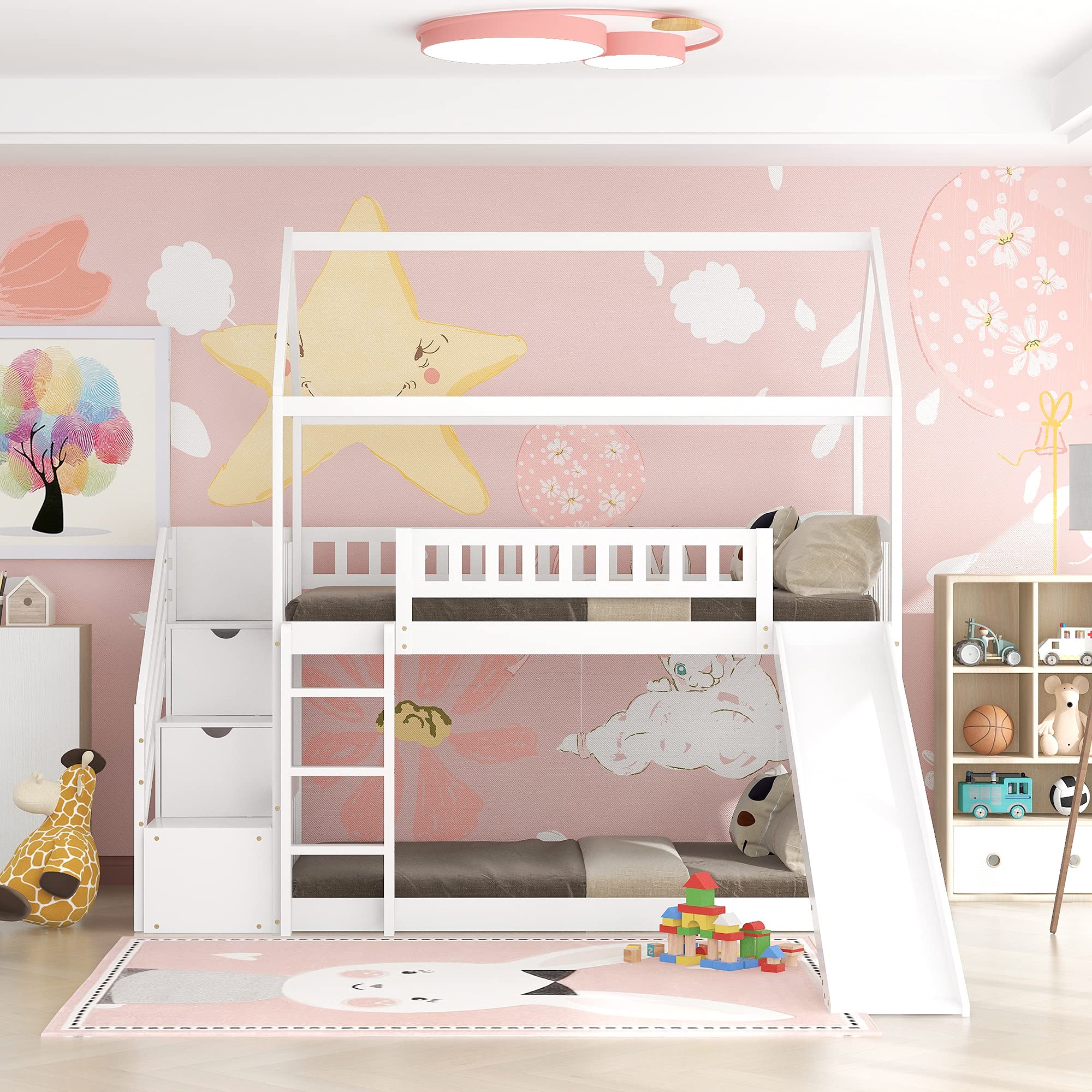 Twin Over Twin Wooden House Bunk Bed with Slide, 2 Drawers, Roof & Guardrails - Kids/Teens House-Shaped Bed, No Box Spring Needed (White) - Perfect for Small Bedrooms, Shared Kids Rooms & Vacation Homes
