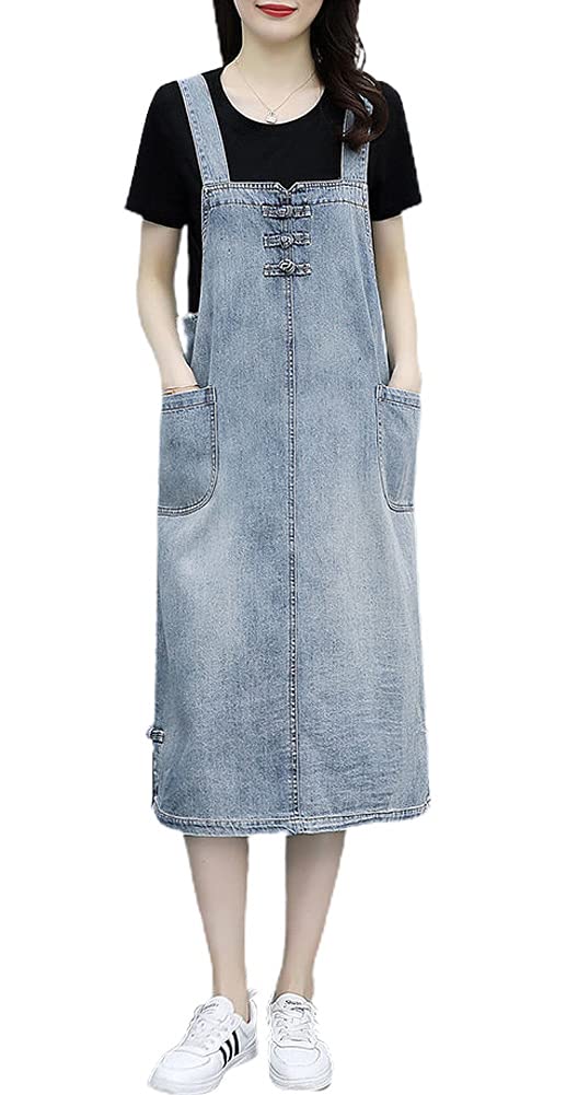 Women's Casual Frog Button A-Line Denim Overalls Dress - Stylish Midi Length Long Jean Jumpsuit for Spring & Summer Outings, Brunch Dates, and Weekend Streetwear Fashion