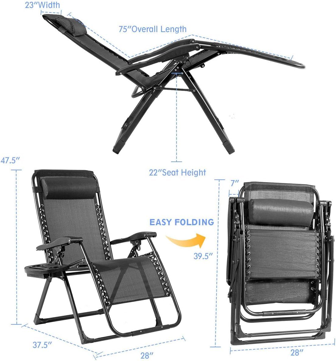 Premium Oversized Zero Gravity Chair - Heavy Duty Adjustable Recliner for Camping, Beach & Backyard - Includes Cup Holder & Support Pillow - Foldable Chaise Lounge for Poolside, Patio & Outdoor Relaxation (Black)