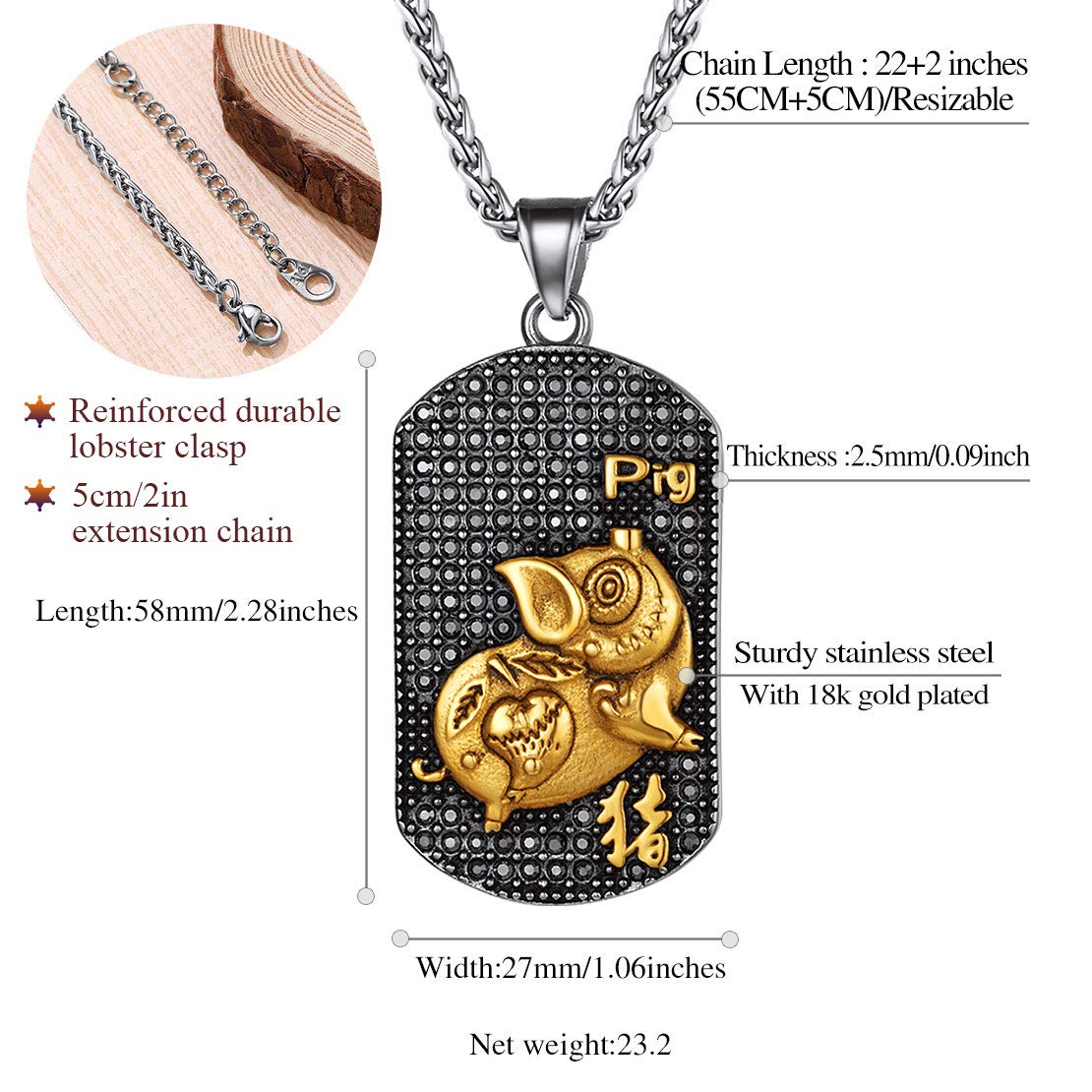 Vintage Chinese Zodiac Dog Tag Necklace for Men - Stainless Steel 18K Gold Plated Kanji Pendant, Custom Personalized Jewelry Gift | Birthday, Anniversary, Father's Day Present