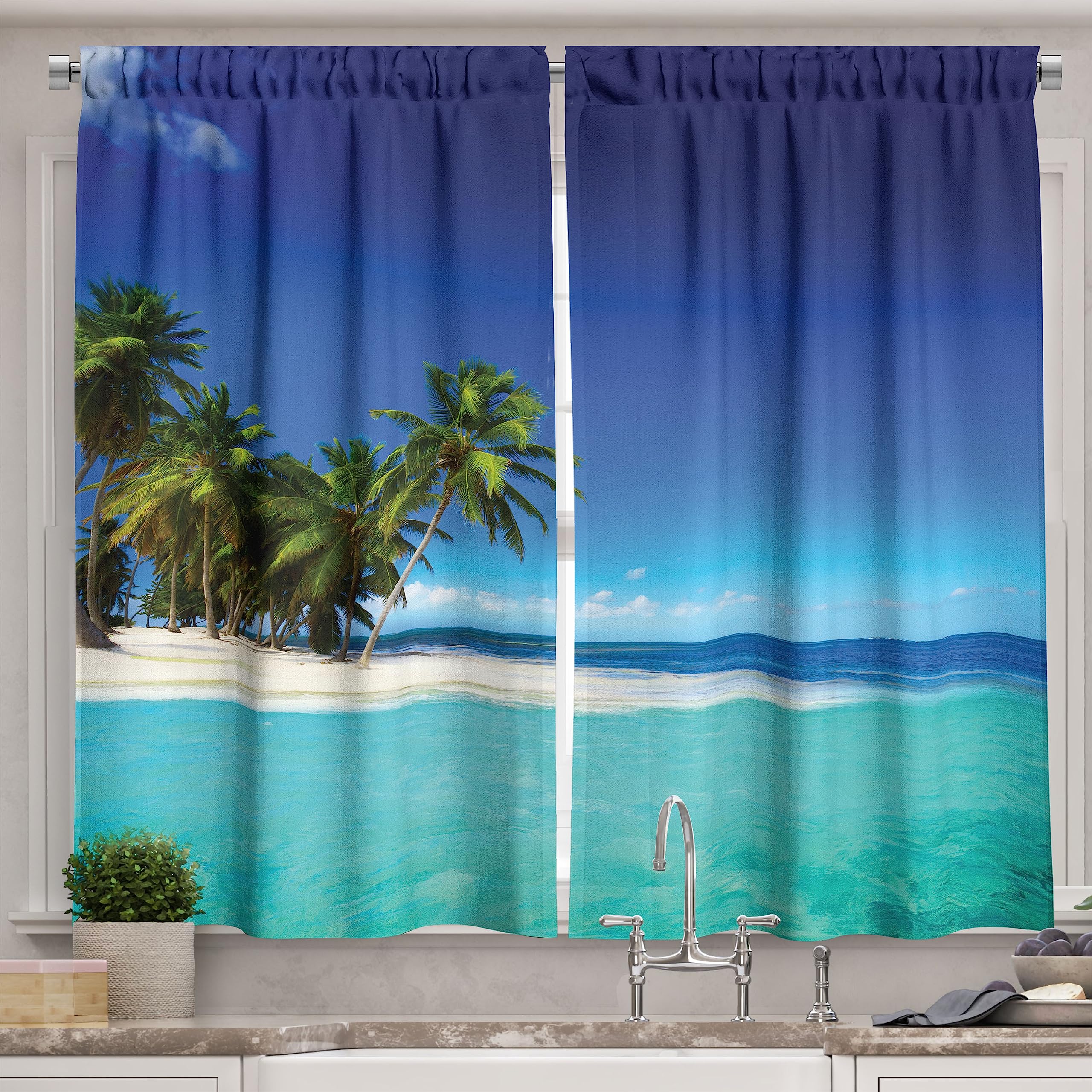 Ambesonne Ocean Themed Long Kitchen Curtains - Tropical Seaside Landscape Drapes with Rod Pocket, 55