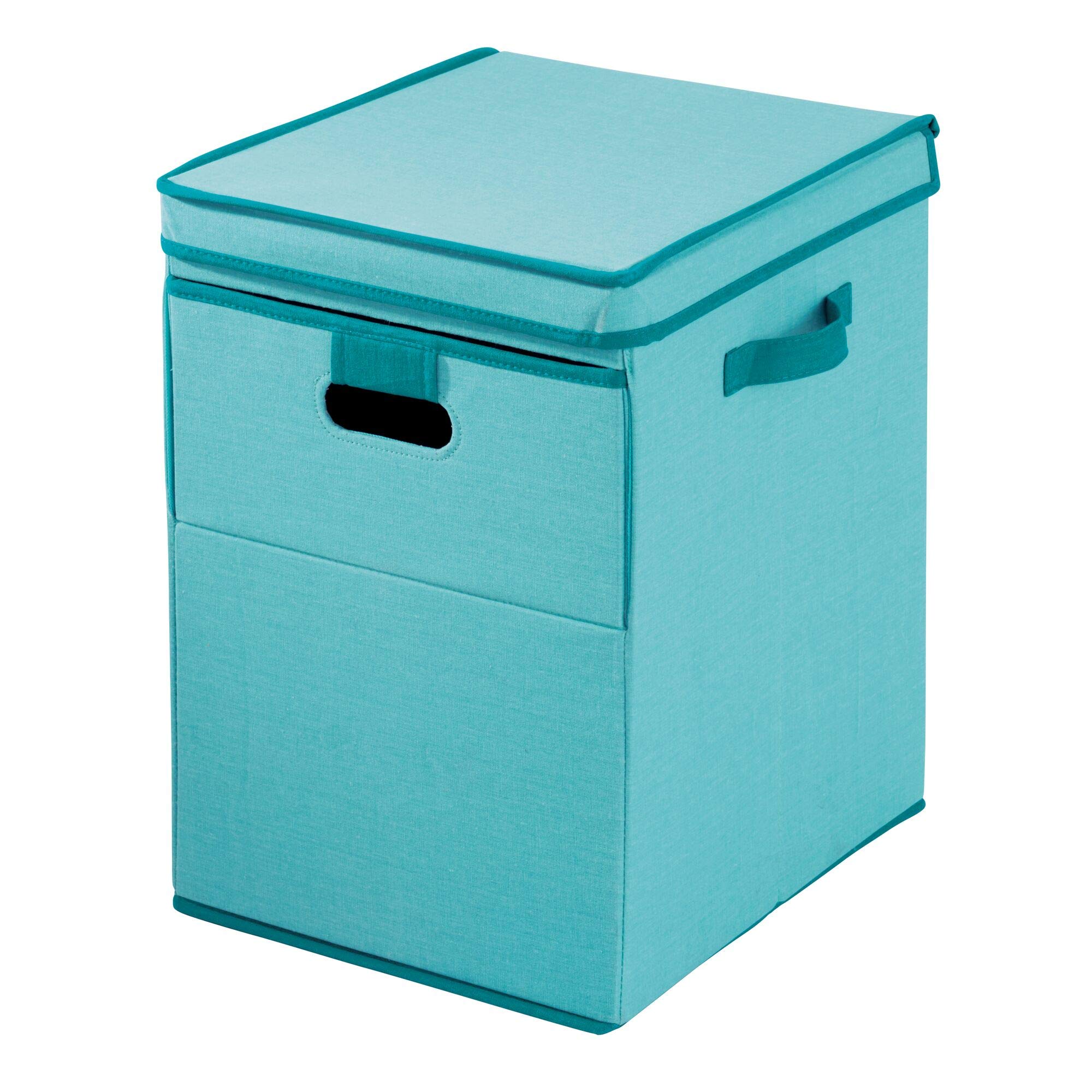 iDesign Emmy Fabric Storage Bin with Lid & Front Opening - Dual Handles for Closet, Bedroom, Nursery, Toys Organization - Teal Storage Basket for Home, Office & Kids Room Organization