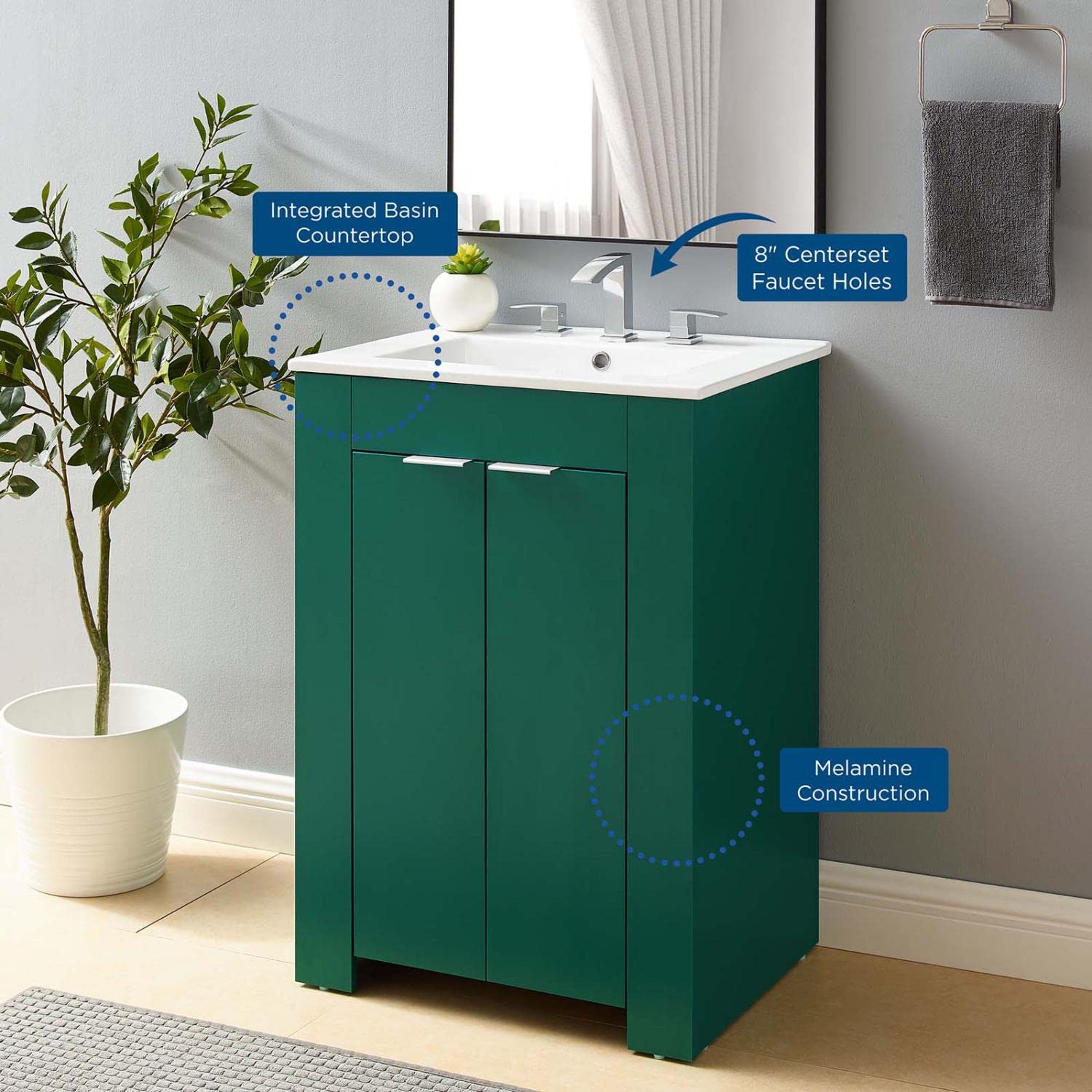 Modway Maybelle 24-Inch Bathroom Vanity with Sink - Green & White Finish for Modern Powder Rooms & Small Bathrooms