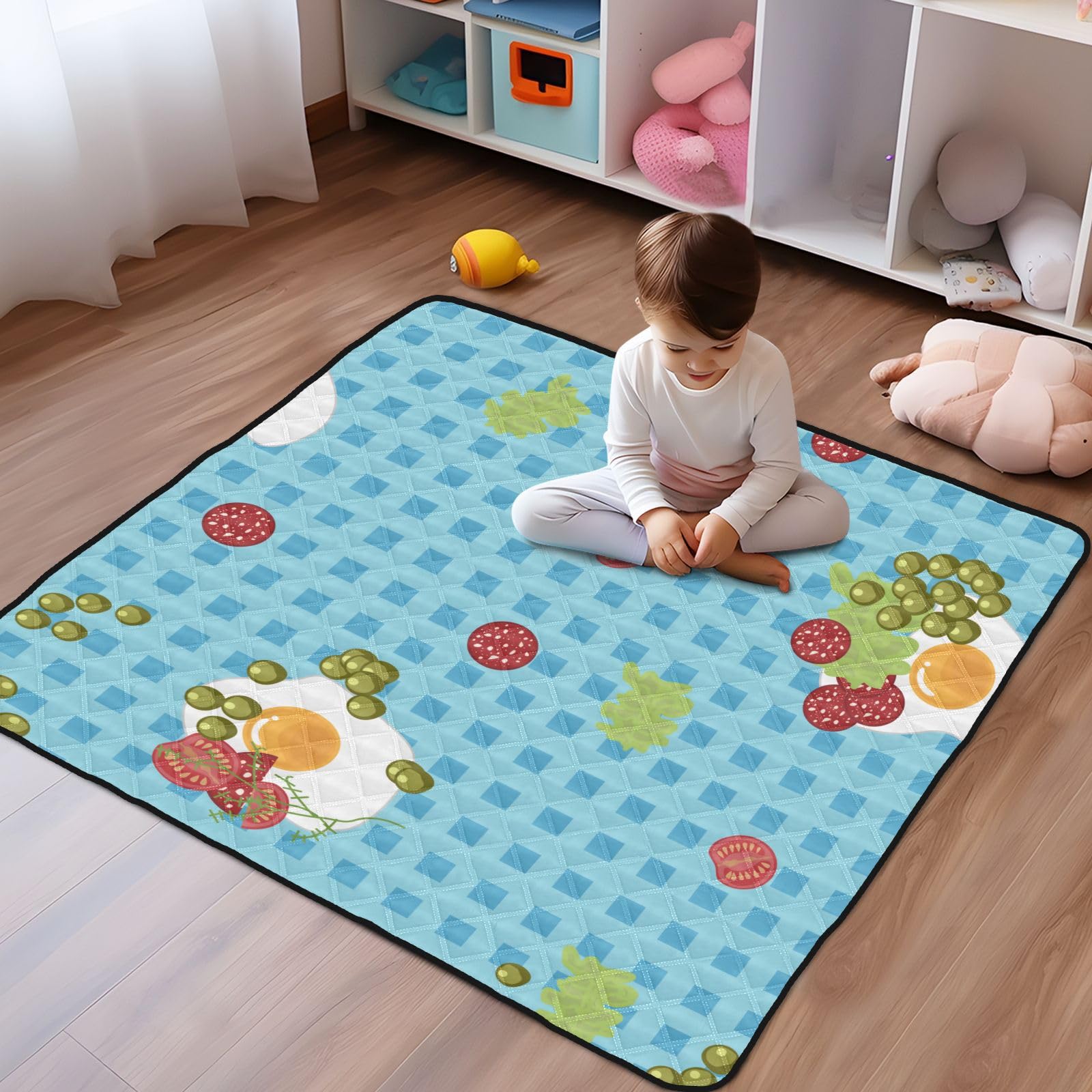 Blue Cartoon Egg Design Large Baby Play Mat - 50'' x 50'' Waterproof Non-Slip Crawling Mat for Infants & Toddlers - Perfect for Indoor/Outdoor Use, Nursery Floor, Playtime & Daycare Activities