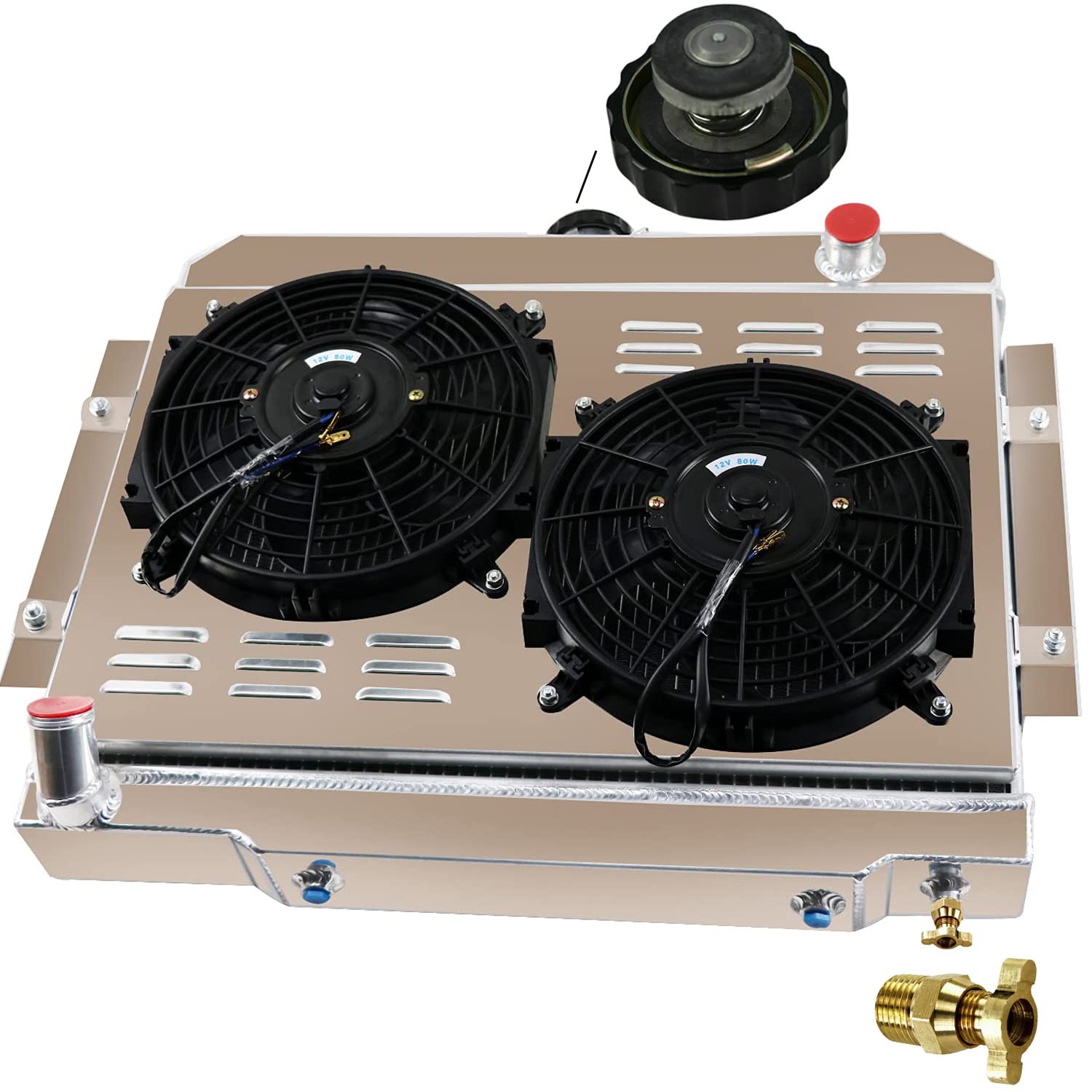 4 Row Aluminum Radiator Shroud with Fan Relay Kit for 1976-1986 Jeep CJ5 CJ6 CJ7 Scrambler 3.8L 4.2L 5.0L AT/MT - Perfect for Off-Roading, Overheating Prevention & Engine Cooling Upgrade