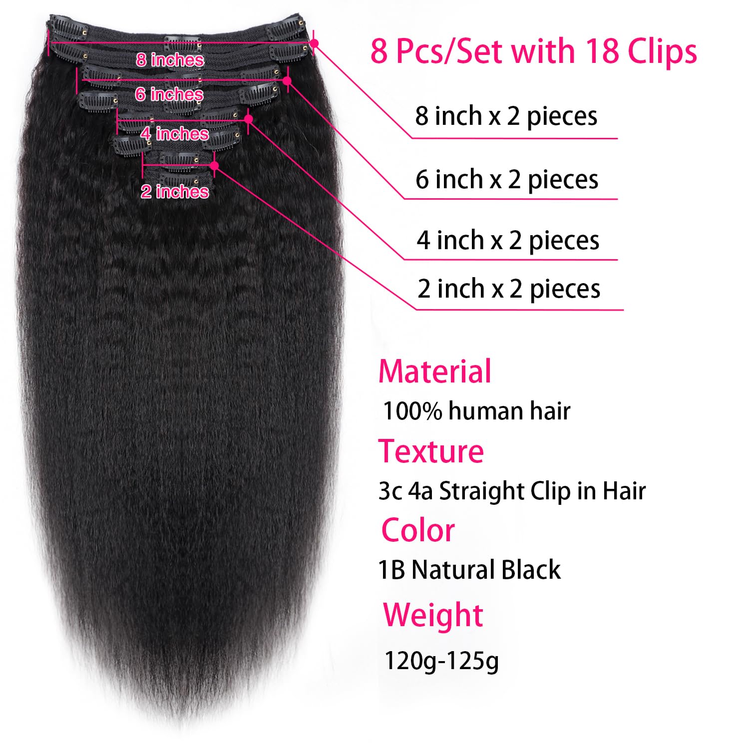 100% Unprocessed Brazilian Virgin Human Hair Clip-in Extensions - 8pcs Kinky Straight 120g (18inch) with 18 Clips | Natural Look for Daily Wear, Parties & Special Occasions