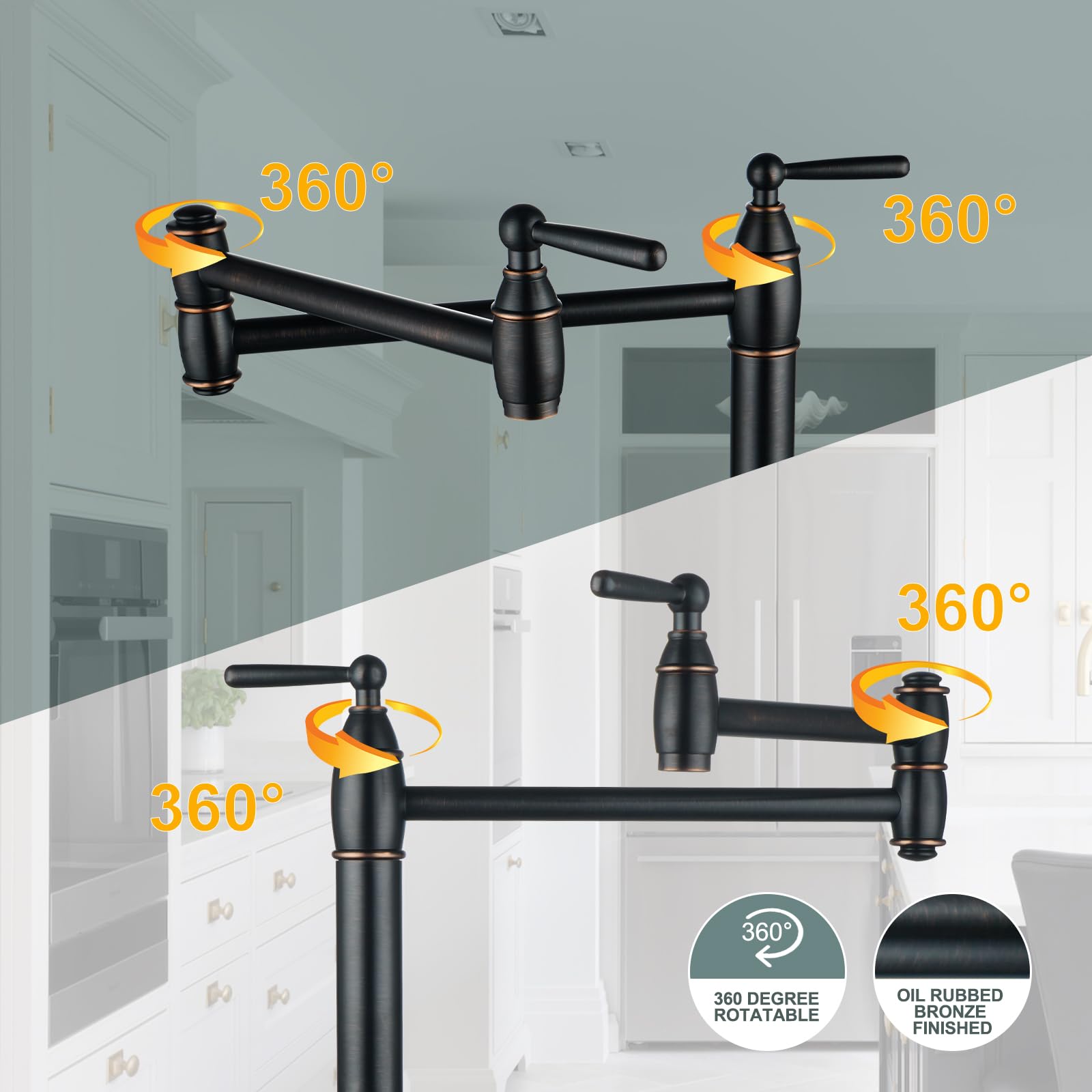 ARCORA Oil Rubbed Bronze Pot Filler Faucet - 2 Handle Deck Mount Kitchen Faucet with Stretchable Double Joint Swing Arms - Brass Stove Faucet for Easy Cooking & Filling Pots (Perfect for Home Kitchen, Restaurant, and Commercial Use)