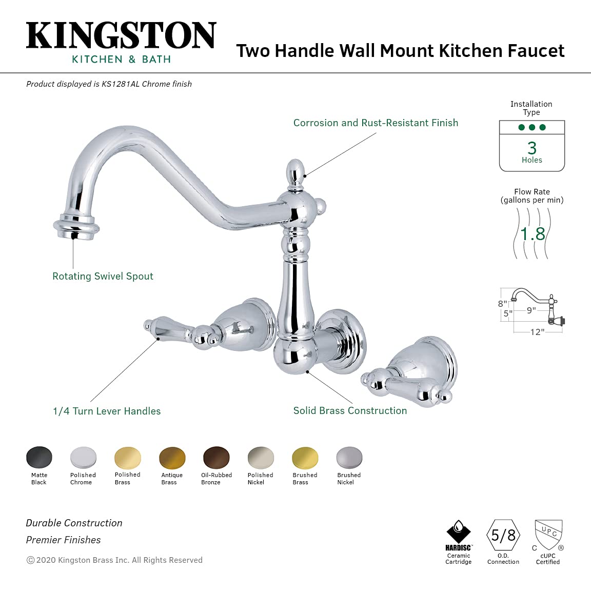 Kingston Brass KS1283AL Wall Mount Kitchen Faucet in Antique Brass Finish - Perfect for Farmhouse, Vintage, and Rustic Style Kitchens