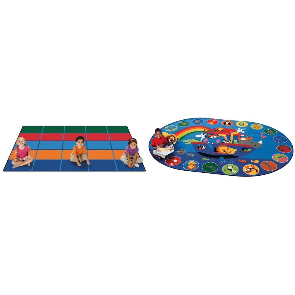 Colorful Kids Play Rugs - 6' x 9' Multicolor Block Design & Noah's Ark Themed Oval Carpet for Children's Room, Classroom, and Play Area - Soft Non-Slip Floor Mat for Toddlers and Preschoolers