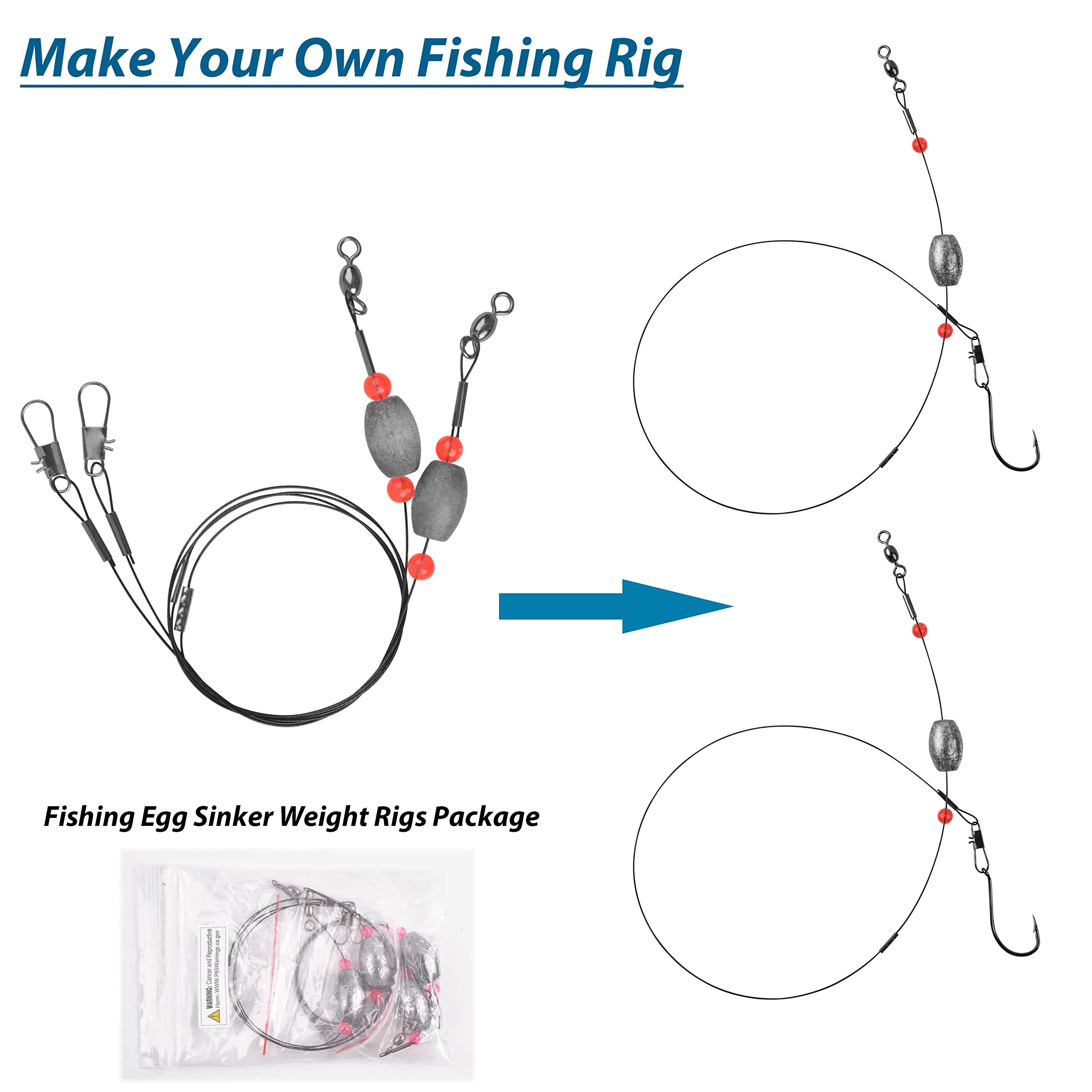 Stainless Steel Fishing Egg Sinker Weight Rigs with Wire Leaders, Swivels & Snaps - Saltwater Flounder Rig for Bottom Fishing | Ocean, Pier & Deep Sea Angling Gear