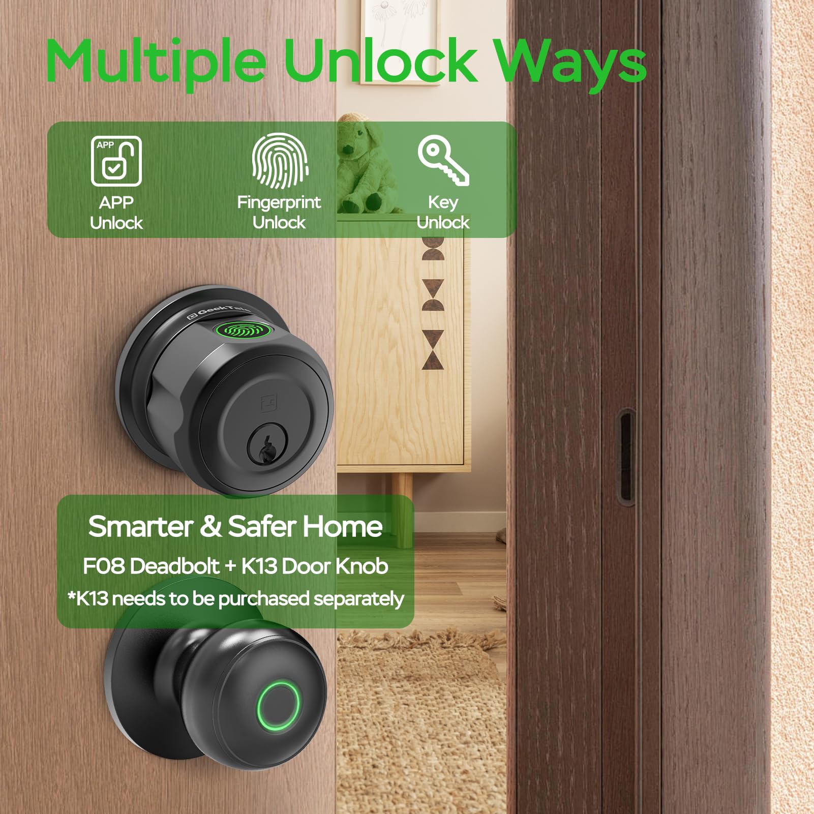 GeekTale Smart Fingerprint Door Lock - Keyless Entry Deadbolt for Front Door & Garage - Twist to Lock/Unlock, Easy DIY Installation - Glossy Black Round Design - Ideal for Home Security & Vacation Rentals