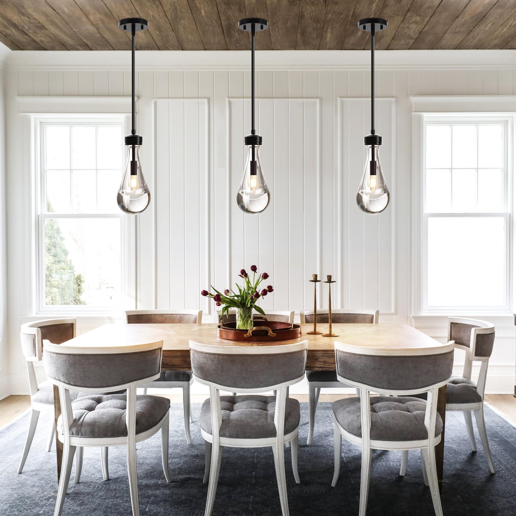 Hand-Blown Black Glass Pendant Light Fixture - Modern Raindrop Kitchen Island Lighting with Included Bulb | Perfect for Dining Tables, Kitchen Islands & Over Sinks | Durable Solid Glass Hanging Chandelier