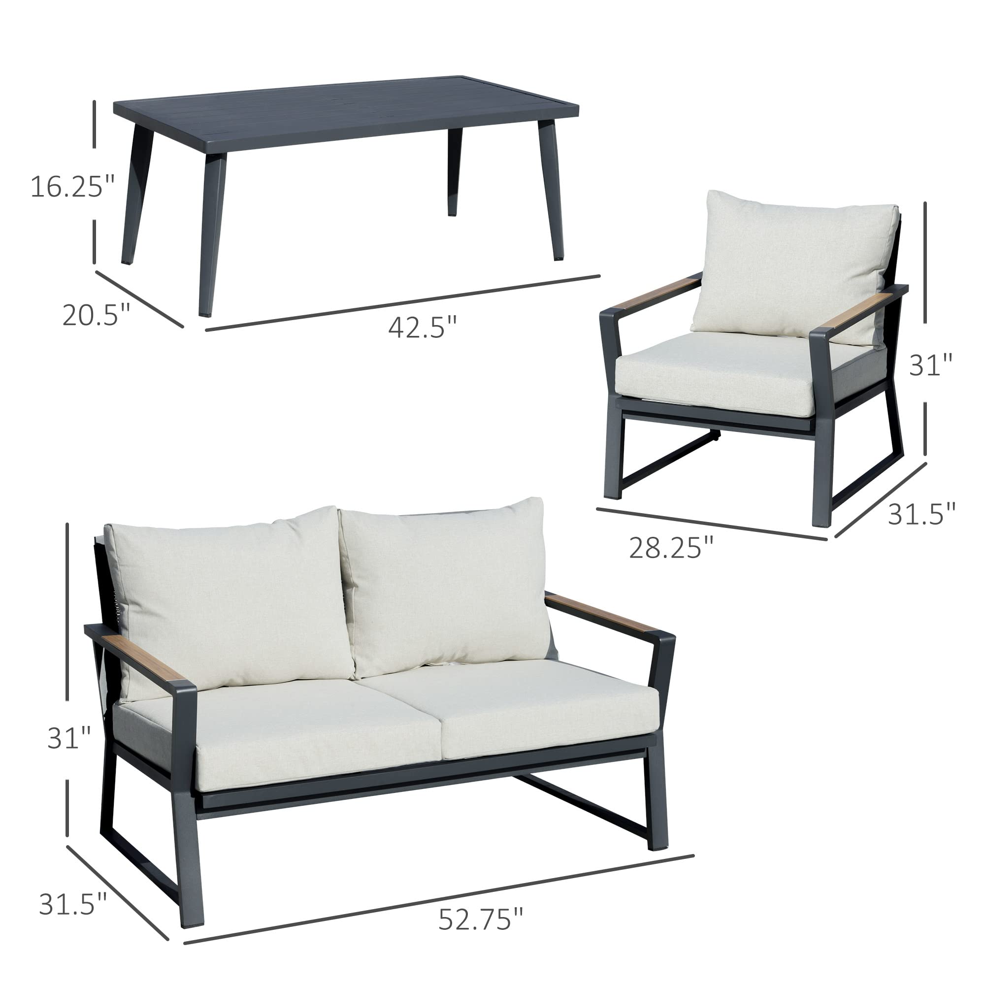 Outsunny 4-Piece Patio Furniture Set - Aluminum Outdoor Conversation Set with Sofa, Armchairs, Coffee Table & Cushions - Cream White - Perfect for Garden, Backyard, Poolside & Patio Relaxation
