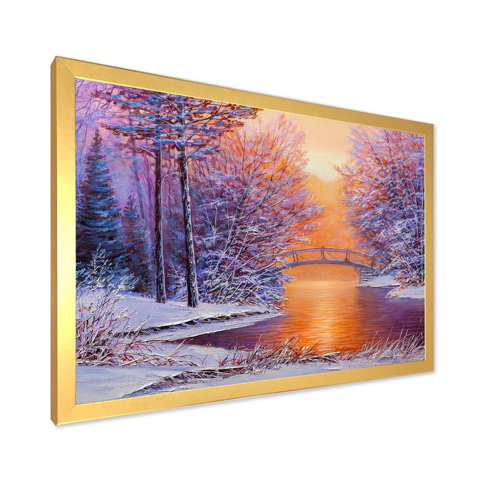Traditional Framed Winter Landscape Wall Art - Bridge Over River Painting - Perfect for Living Room, Bedroom & Office Decor