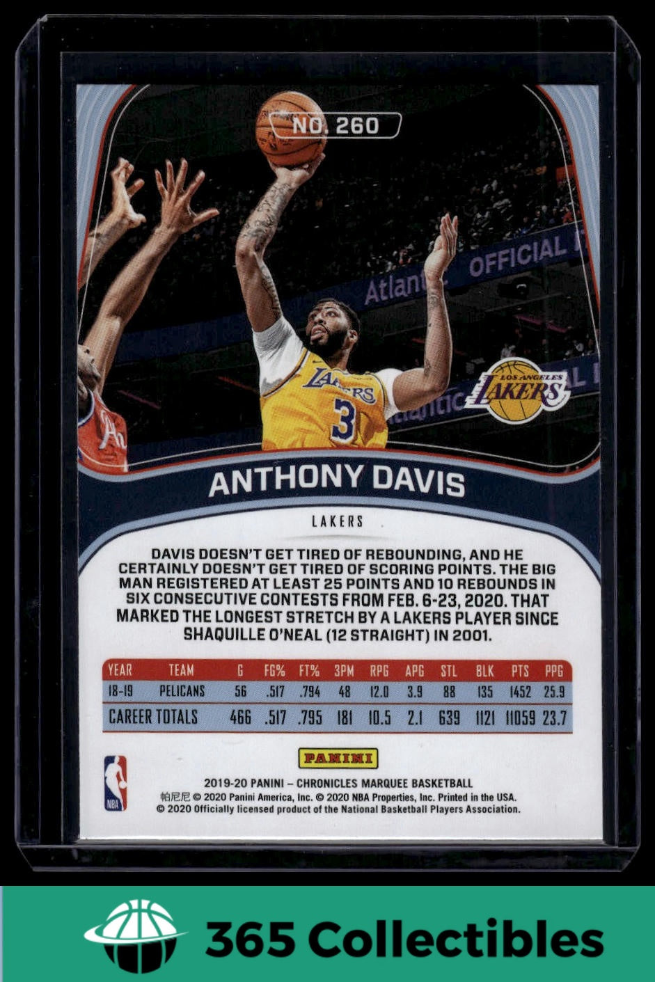 2019-20 Panini Chronicles Anthony Davis Pink #260 Basketball Card - Los Angeles Lakers NBA Collectible for Fans & Memorabilia Enthusiasts - Perfect for Trading, Display, and Gifting
