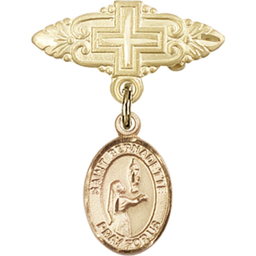 Gold Filled Baby Badge with St. Bernadette Charm & Cross Pin - 1 X 3/4 Inch Religious Jewelry - Perfect for Baptism Gifts, First Communion & Baby Blessings