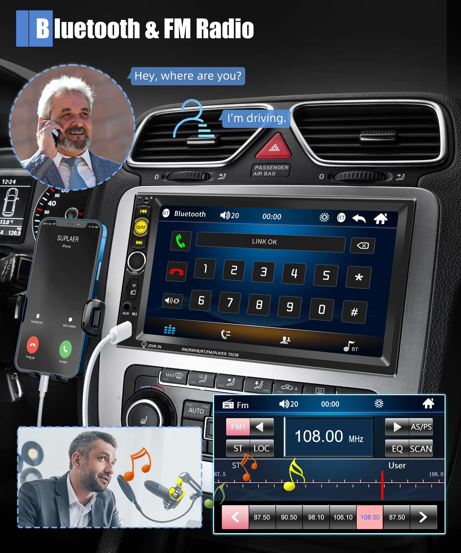 7 Inch Double Din Touch Screen Car Stereo with Bluetooth, FM Radio, Mirror Link, USB & Steering Wheel Control - Compatible with Backup Camera | Perfect for Upgrading Your Car Audio System & Hands-Free Calling