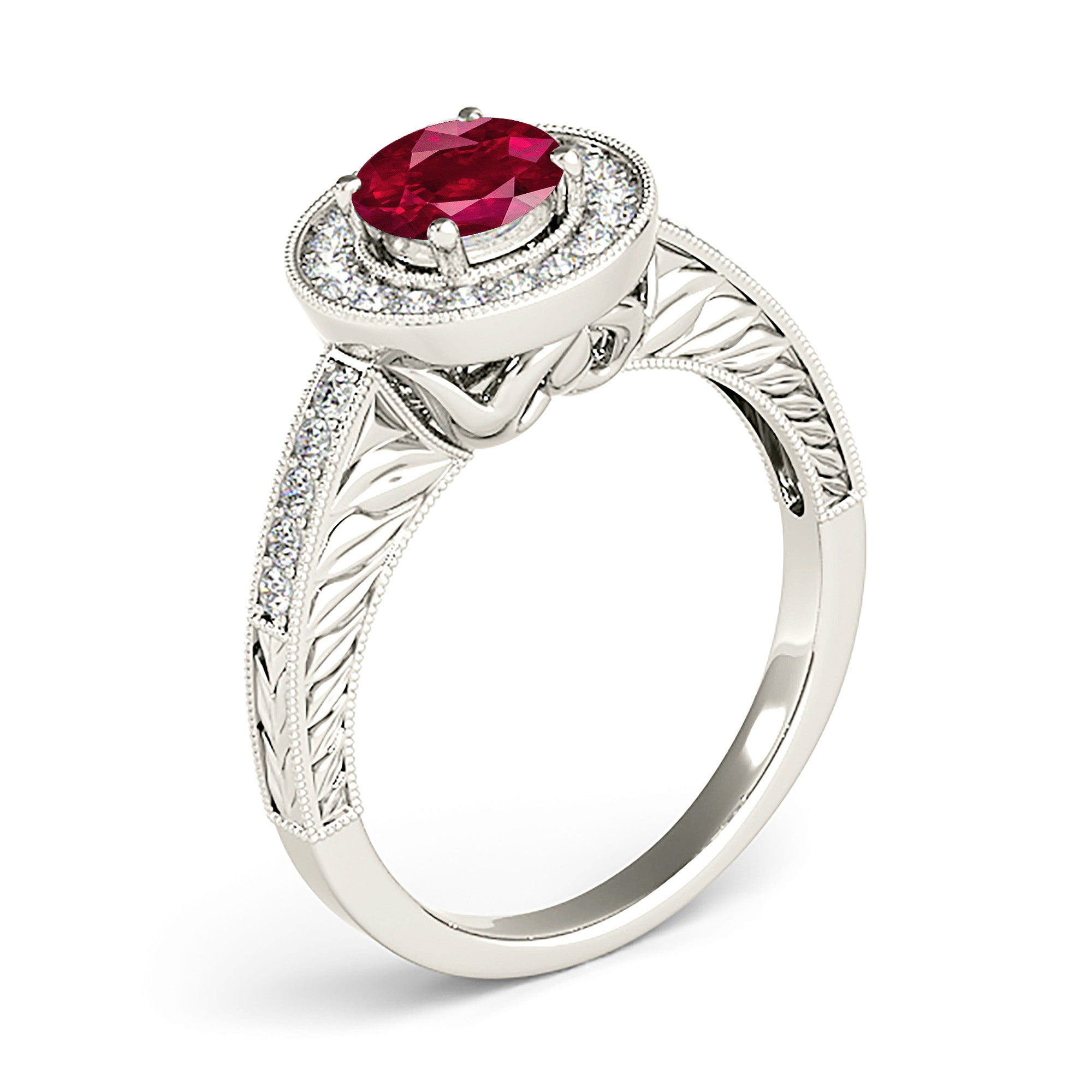 1.45 Carat Genuine Ruby Ring with Halo & Filigree Diamond Band - Elegant Engagement, Wedding, Anniversary Gift for Women