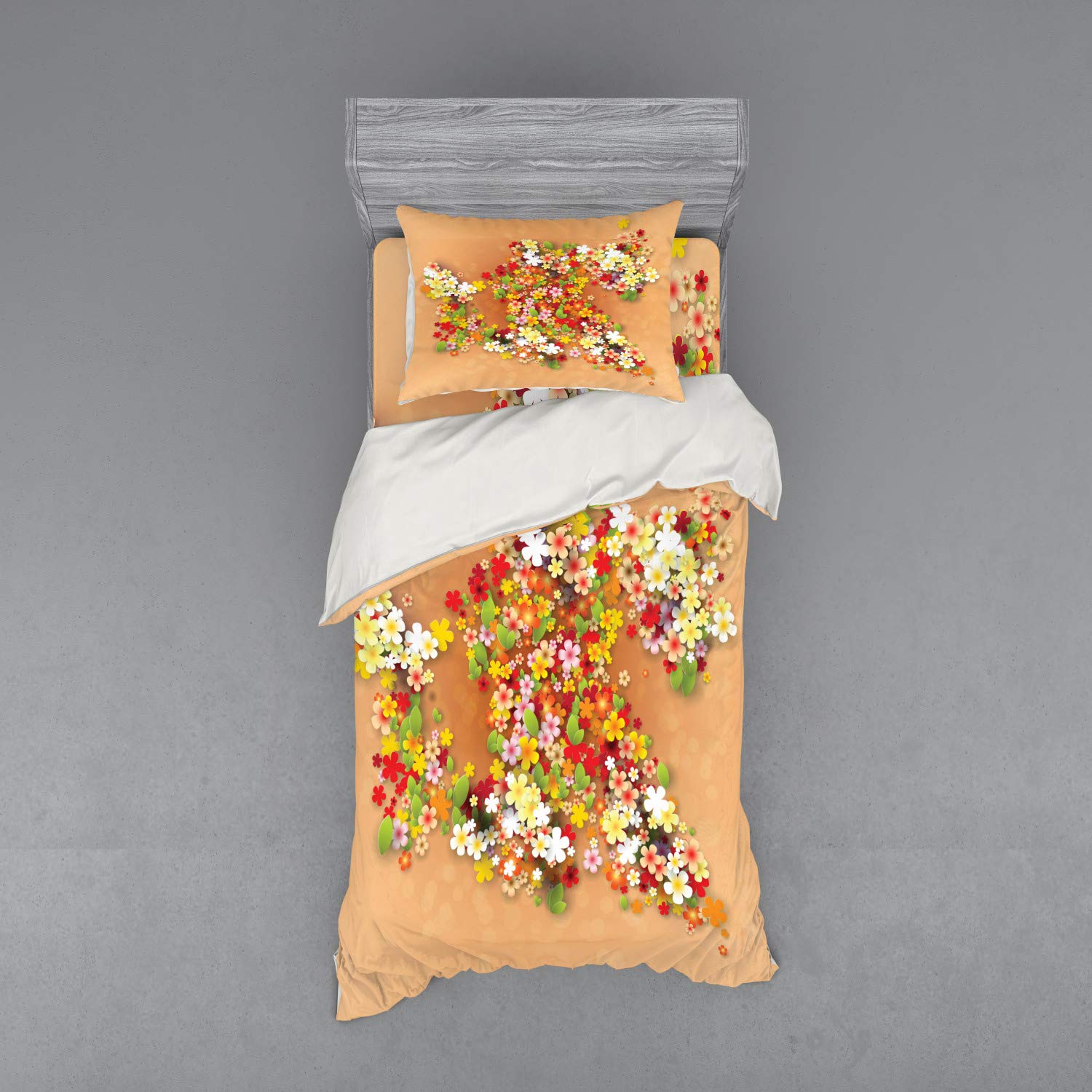 Ambesonne Floral Bedding Set - 3 Piece Duvet Cover with Sham & Fitted Sheet, Twin XL Size, Orange Red & White - Summer Home Decor for Bedroom, Guest Room & Dorm