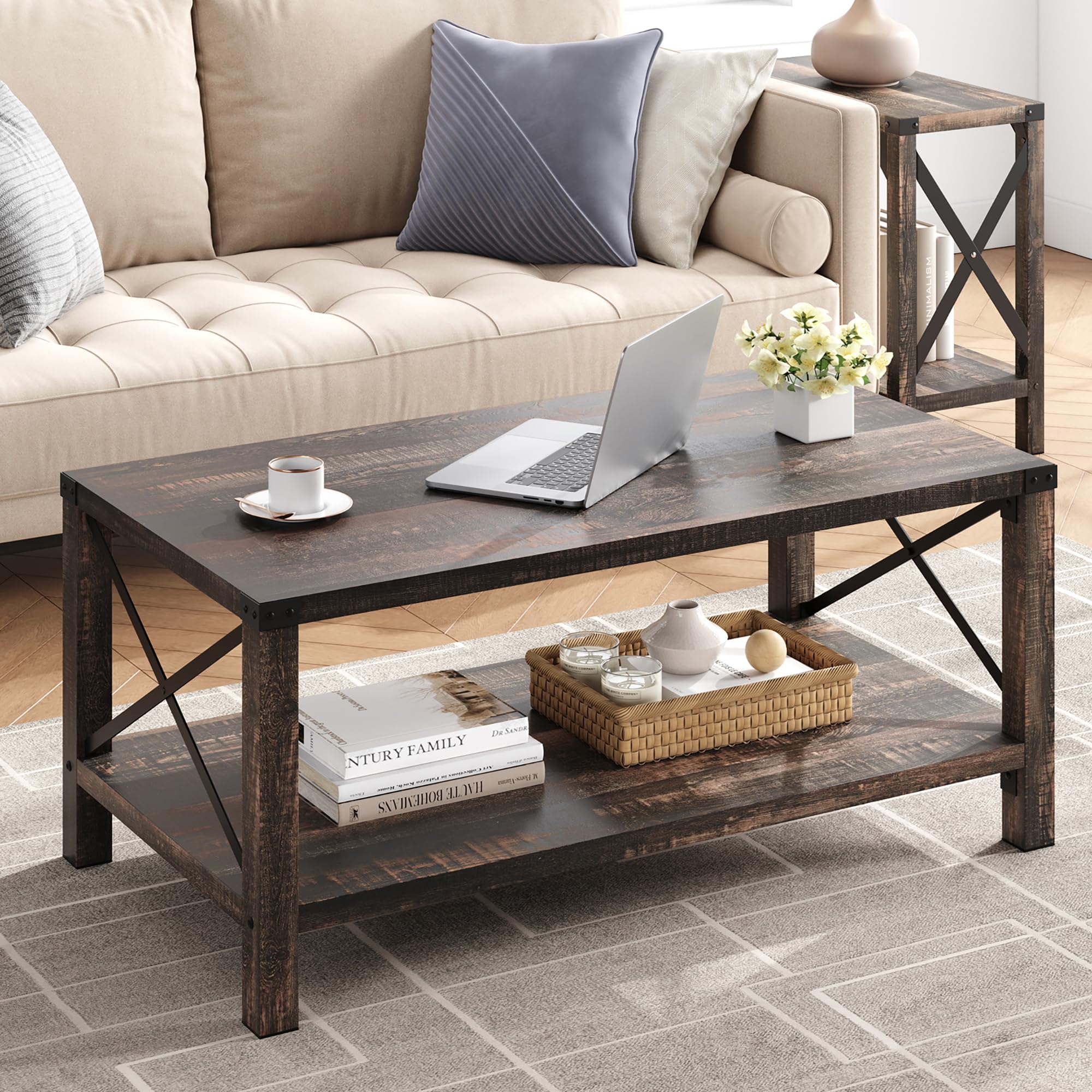 Rustic Farmhouse Coffee Table with X Metal Frame - 2-Tier Vintage Wood Look Rectangle Cocktail Table for Living Room, Easy Assembly | Perfect for Farmhouse Decor, Small Spaces & Coffee Lovers