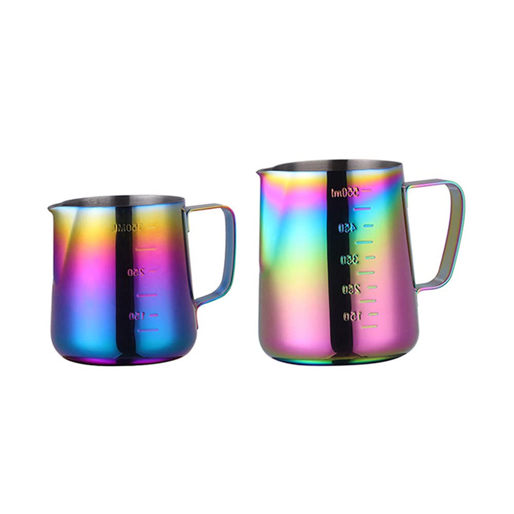 2 Pack Stainless Steel Milk Frothing Pitcher 350ml & 600ml - Latte Art Coffee Maker with Measurement Scale, Barista Tools for Home Kitchen - Perfect for Cappuccino, Latte & Hot Chocolate Making (Rainbow Color)