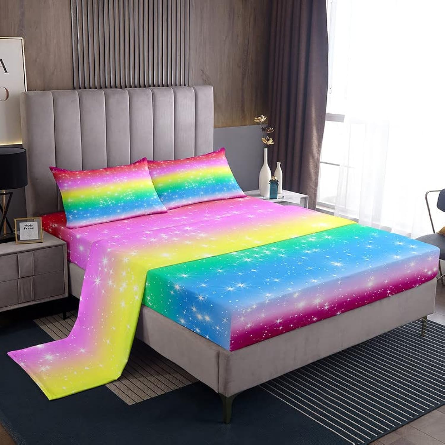 Rainbow Tie Dye Galaxy Bed Sheet Set for Girls - Twin Size 3 Piece (Fitted Sheet, Flat Sheet & Pillowcase) - Colorful Ombre Glitter Starry Sky Design for Kids, Teens & Women Bedrooms - Perfect for Sleepovers, Dorm Rooms & Cozy Bedroom Decor