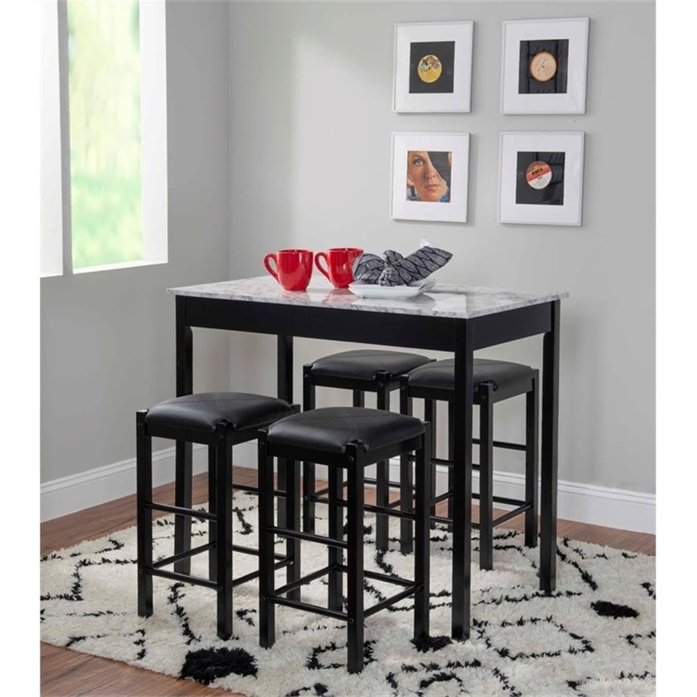 Linon Tifton 5-Piece Wood & Faux Marble Black Tavern Table Set - Perfect for Kitchen, Dining Room, and Small Space Entertaining