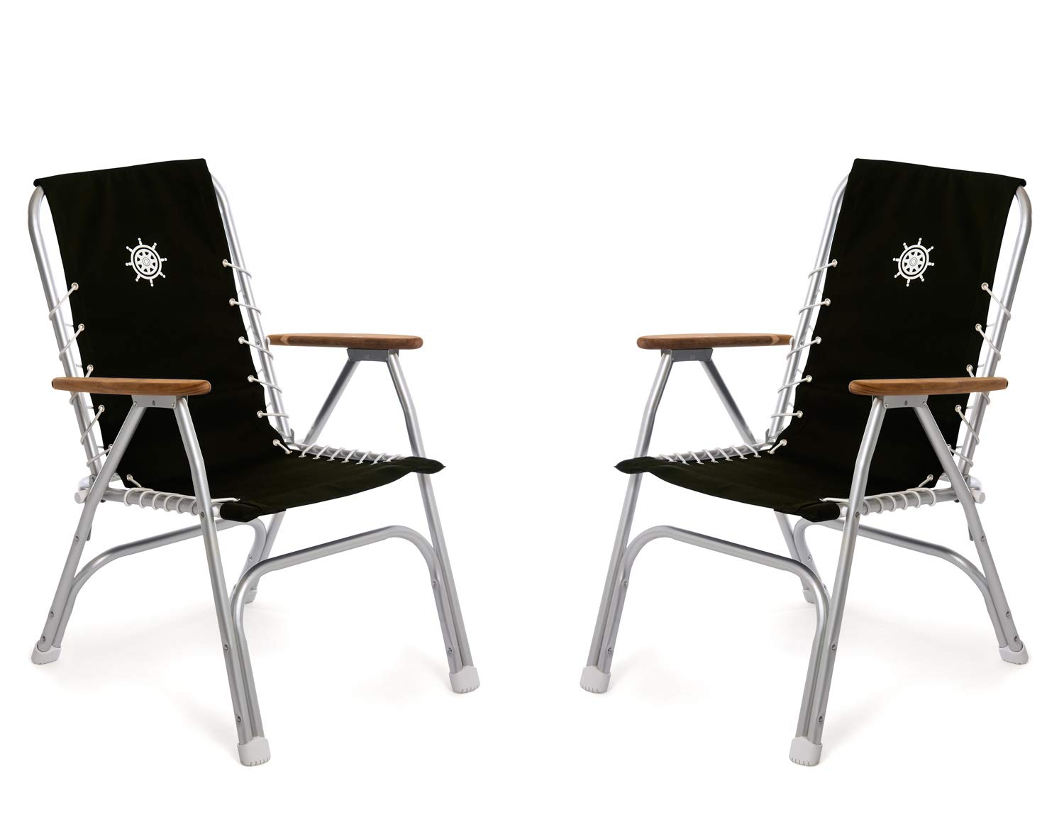 FORMA MARINE High Back Boat Chairs - Black Folding Deck Chairs with Aluminum Frame & Teak Accents - Set of 2 (M150BL) - Perfect for Yachts, Boats, and Outdoor Waterfront Lounging