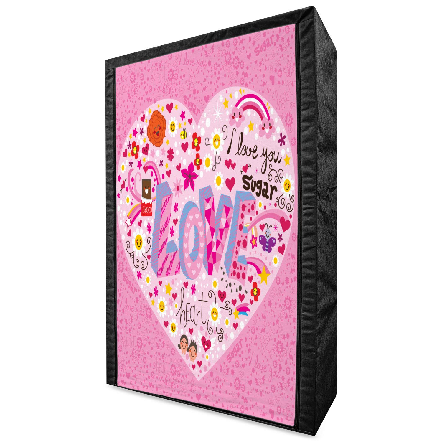 Ambesonne Love Portable Fabric Wardrobe - Pink Multicolor Clothing Organizer with Shelves | 42.5 Inch Heart Pattern Storage Closet for Bedroom, Dorm & Travel | I Love You Design with Flowers & Smiles