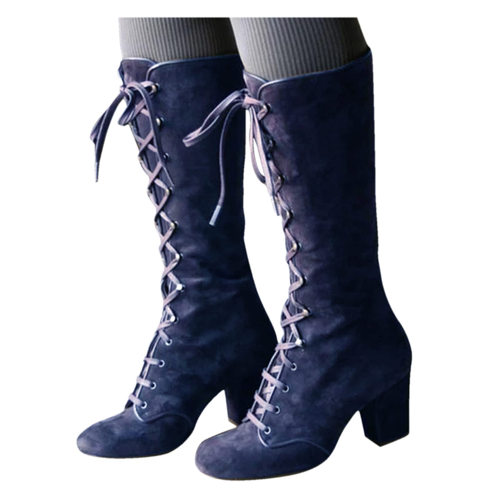 Vintage Women's Ankle Boots - Chunky Heel Lace Up Combat Booties for Women | Stylish Mid-Calf Winter Boots for Casual Outfits & Streetwear Fashion