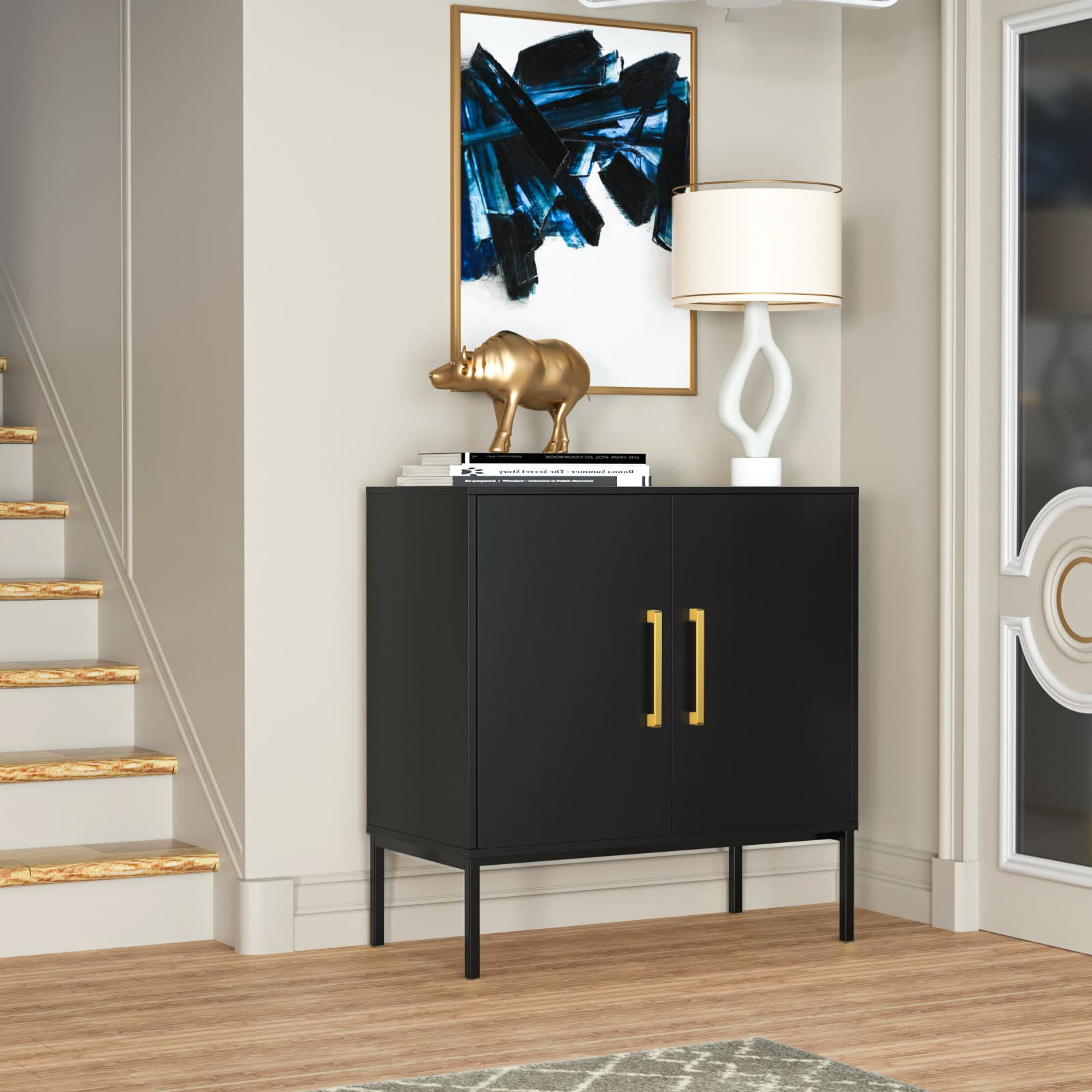 JOZZBY Modern Wooden Buffet Cabinet with Storage - 2-Door Free Standing Sideboard with Adjustable Shelves, Black Accent Cabinet for Living Room, Kitchen, Hallway - Perfect for Dining Room Storage, Entryway Organization & Home Decor