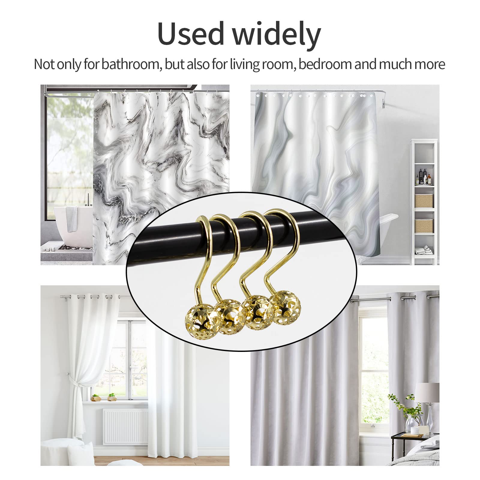 Premium Gold Metal Shower Curtain Hooks with Hollow Ball Design - Rust-Proof Bling Yellow Shower Rings for Curtain Liners & Bathroom Accessories - Perfect for Modern Bathrooms, Spa Retreats & Luxury Home Decor