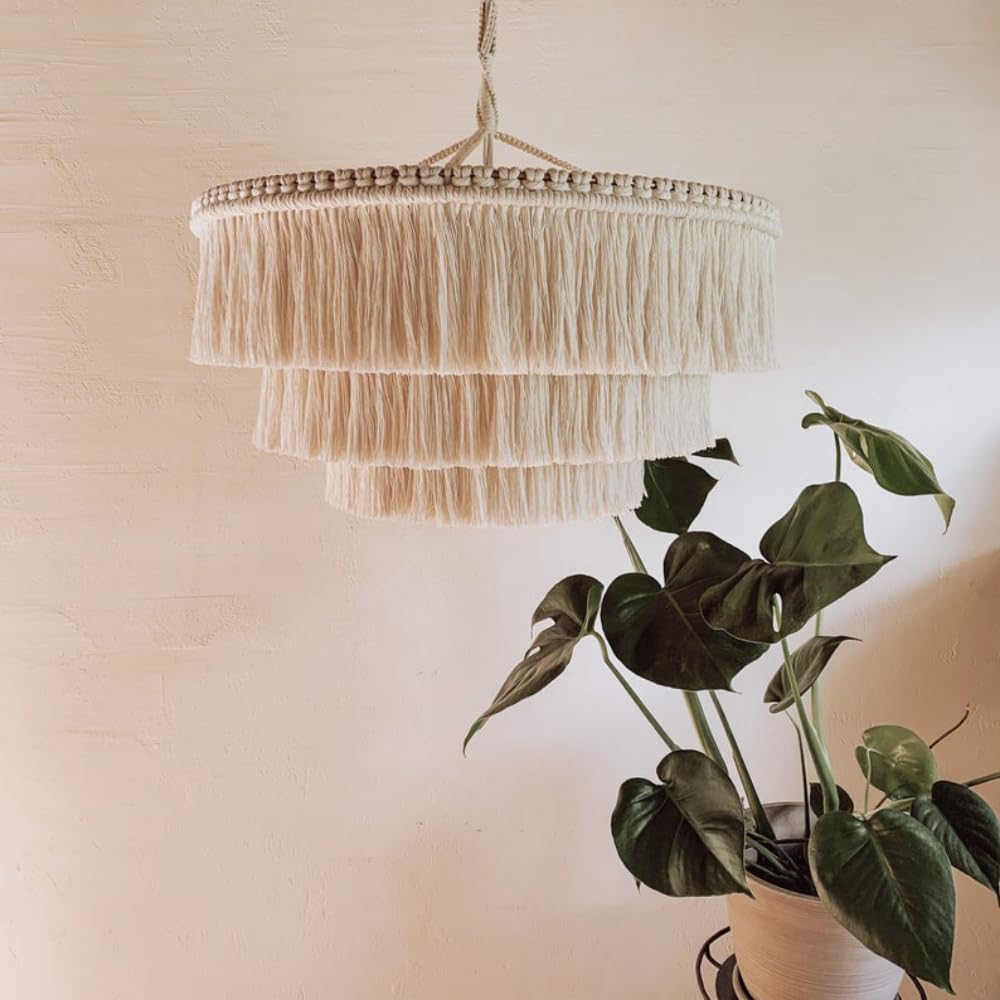 Bohemian Tassel Pendant Light - Handmade Boho Chandelier with Cotton Fringes, 23 Inch 3-Light Ceiling Fixture for Living Room, Bedroom & Dining Room Decor