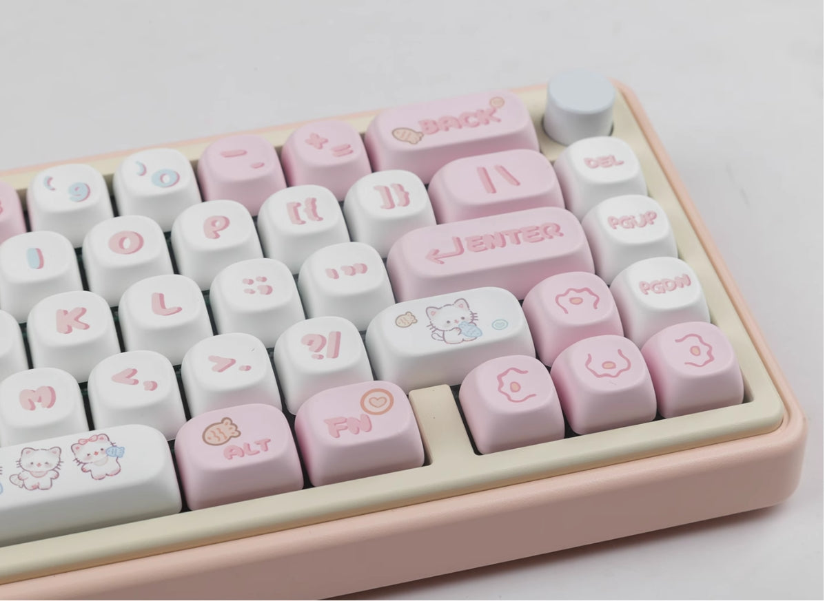 Pink MOA High MAC Heat Sublimation Custom Keycap Set - Cute Kitten Eating Fish Design for Mechanical Keyboards | Perfect for Gaming, Typing & Office Use