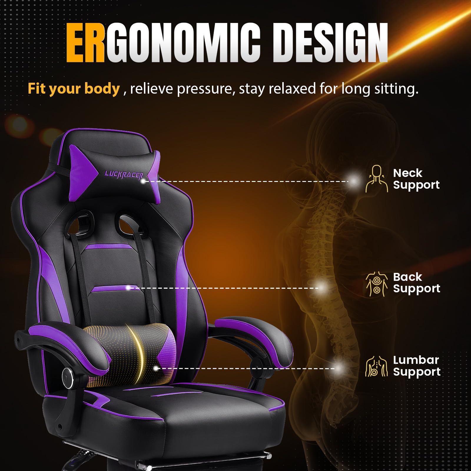 Premium Gaming Chair with Footrest - 350Lb Heavy Duty Ergonomic Computer Chair for Adults, High Back Swivel Office Chair with Lumbar Support & Recliner (Purple) - Perfect for Esports, Streaming & Home Office Setup