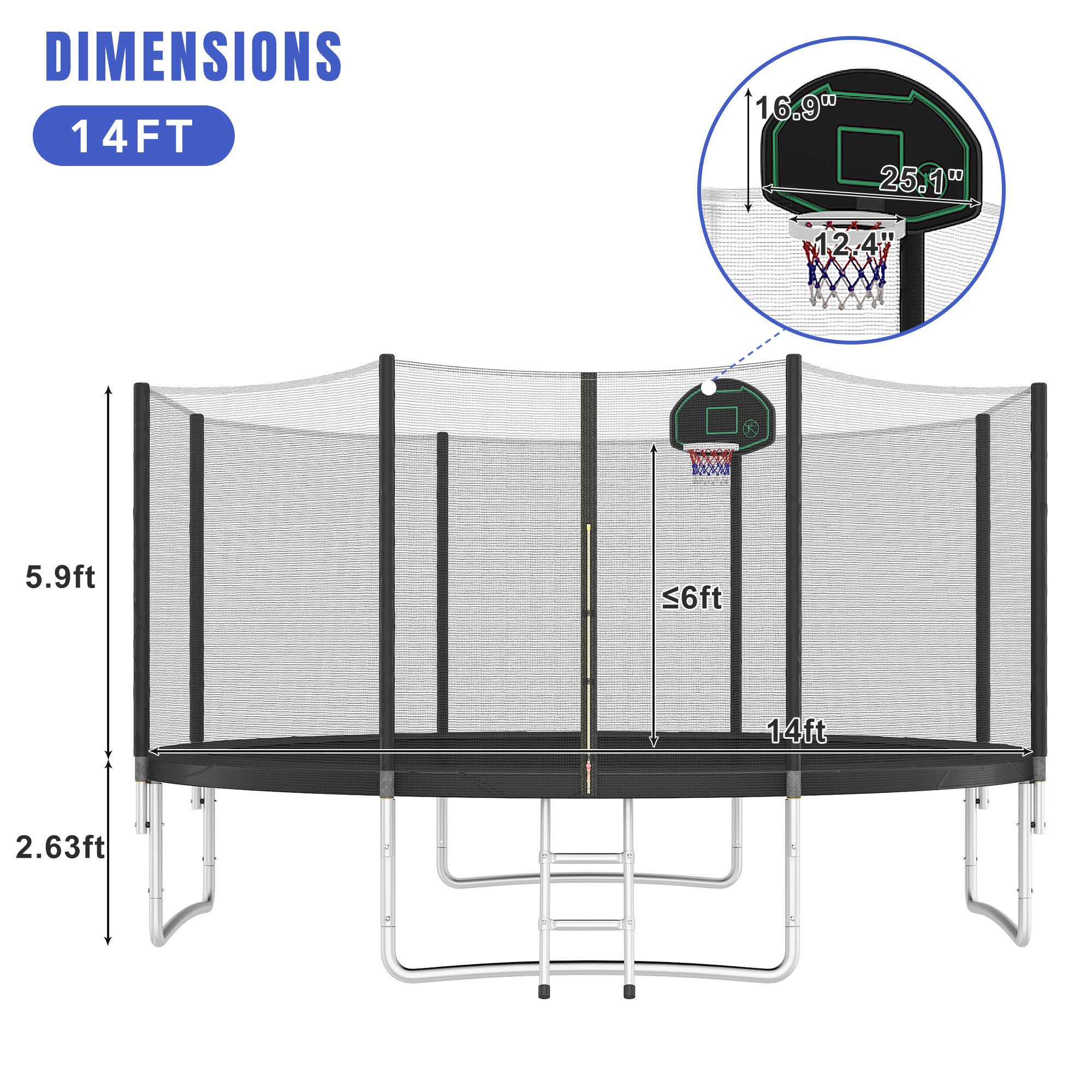 14FT Kids Trampoline with Safety Enclosure Net, Basketball Hoop & Ladder - Easy Assembly Outdoor Round Trampoline for Backyard Fun & Exercise