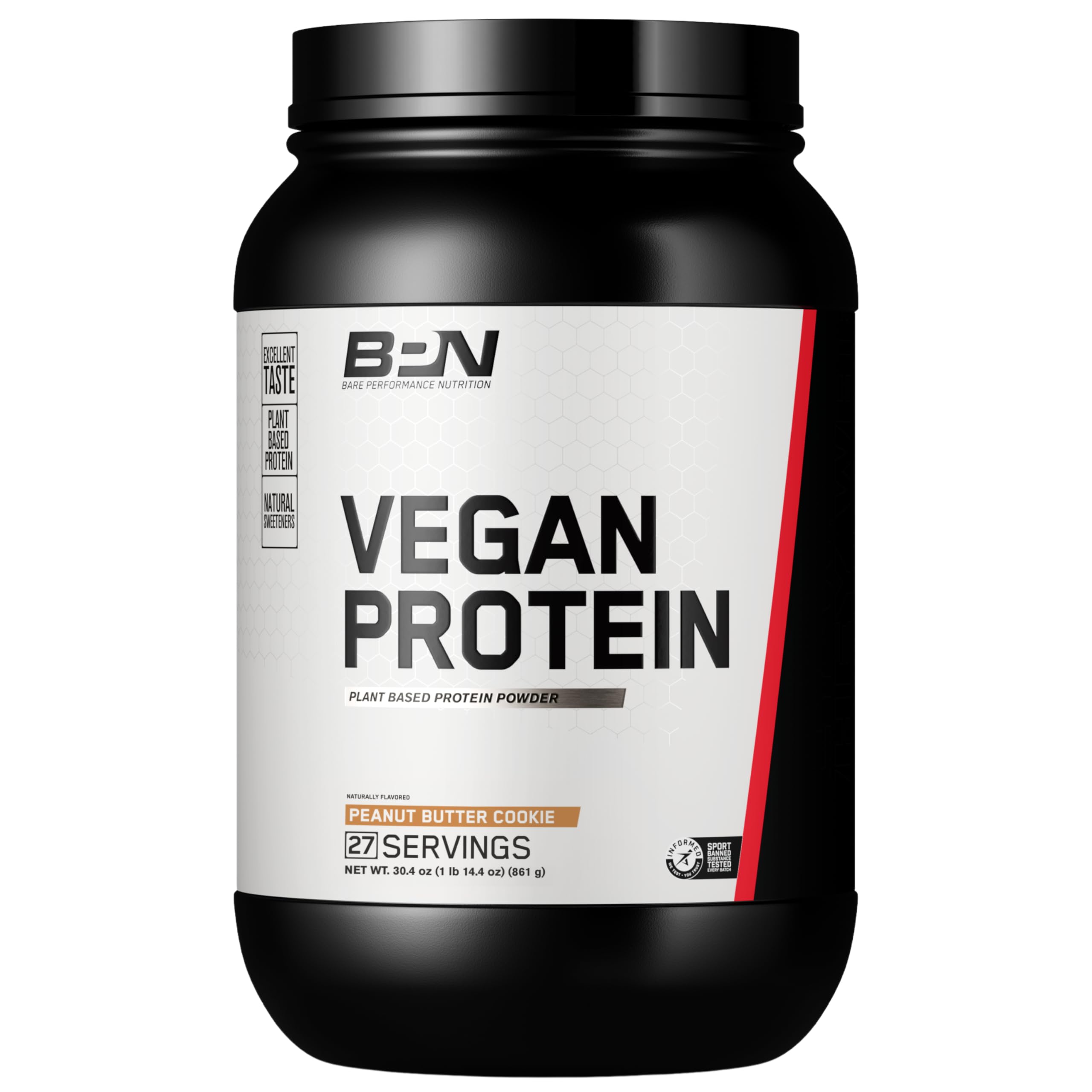 BARE PERFORMANCE NUTRITION Vegan Protein Powder - Plant Based Pea Protein with Watermelon & Pumpkin - Naturally Sweetened Peanut Butter Cookie Flavor (27 Servings) for Post Workout Recovery & Muscle Building