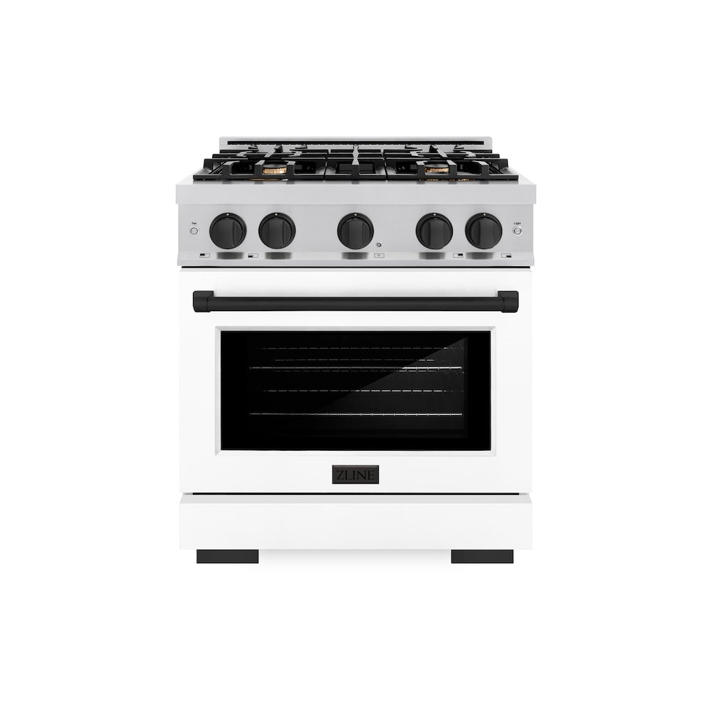 ZLINE Autograph Edition 30-inch 4.2 cu. ft. Stainless Steel Gas Range with 4-Burner Cooktop & Convection Oven - White Matte Door & Black Accents (HGRZ WM 30 MB) for Professional Home Kitchens & Modern Cooking