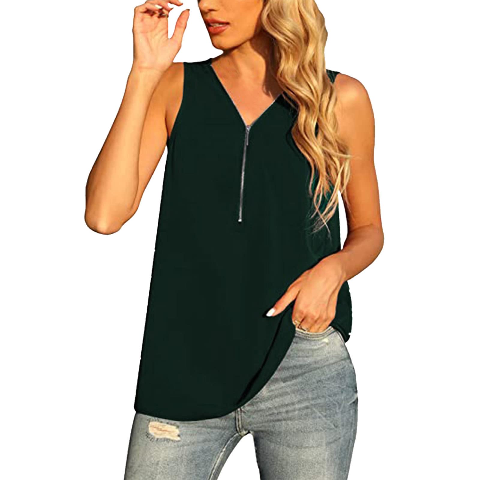 Women's Graphic Tank Tops - Cute Summer Sleeveless Blouses with V Neck & Zipper Placket, Loose Fit Casual Vest Shirts for Beach, Gym, and Everyday Wear