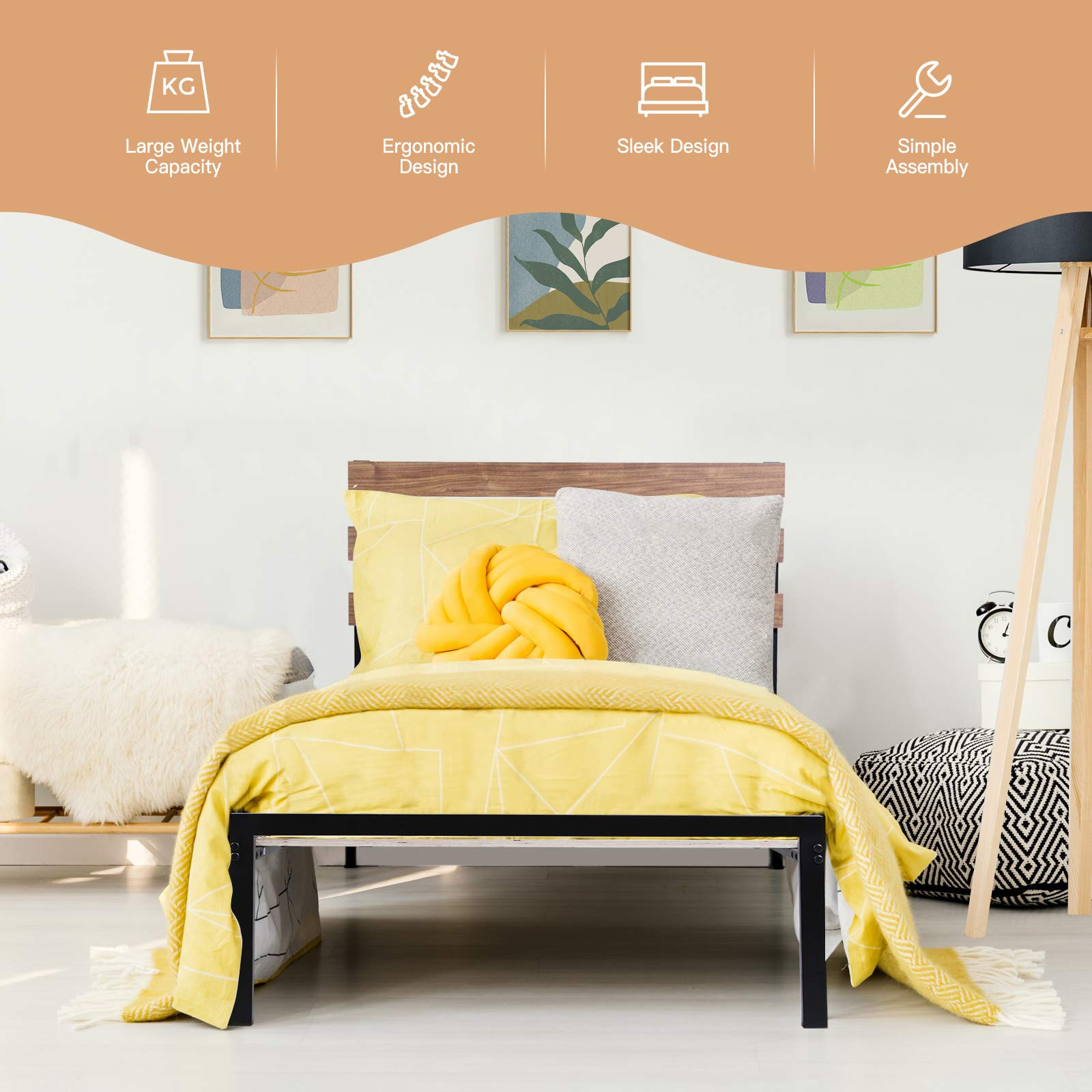 **Giantex Twin Size Metal Bed Frame with Headboard - Heavy Duty Platform Bed, Wooden Slat Support & Under Bed Storage - No Box Spring Needed, Easy Assembly - Perfect for Small Spaces, Kids Rooms & Guest Bedrooms**