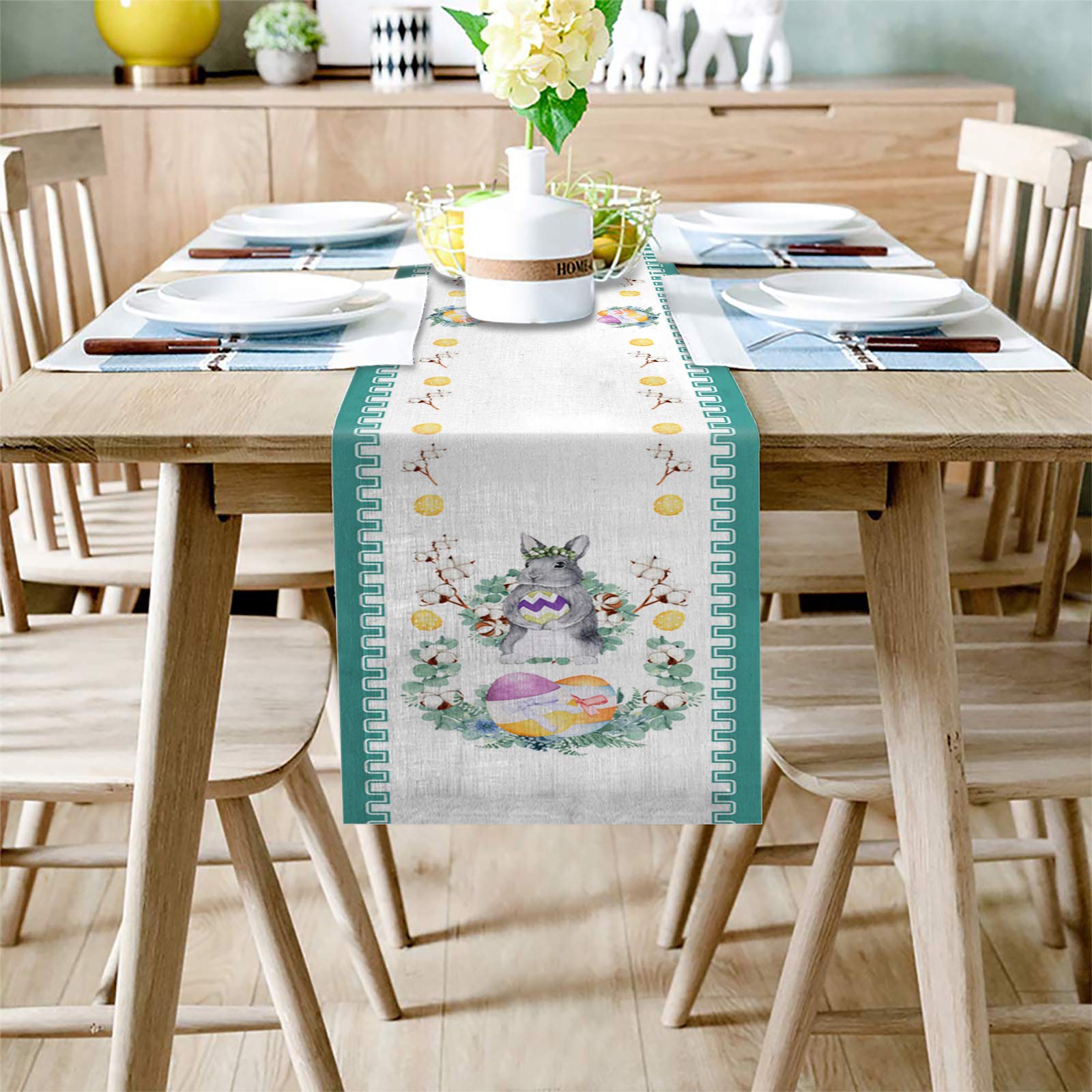 Easter Table Runner - 14x72 Inch Cotton Linen Non-Slip Tablecloth with Cute Bunny & Easter Eggs Design for Spring Holiday Dinner Parties, Home Decor - Perfect for Easter Celebrations, Dining Table Centerpiece, and Seasonal Home Decoration