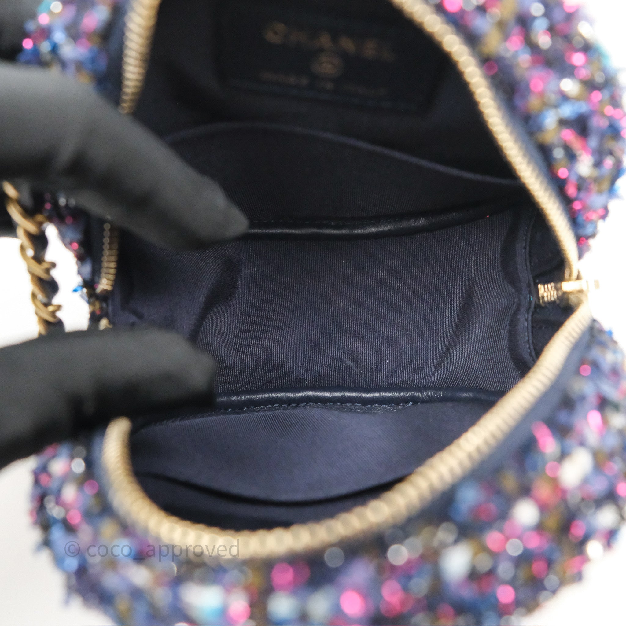 Chanel Navy Purple Tweed Round Clutch Bag with Chain & Aged Gold Hardware - Elegant Evening Clutch for Parties, Weddings & Special Events