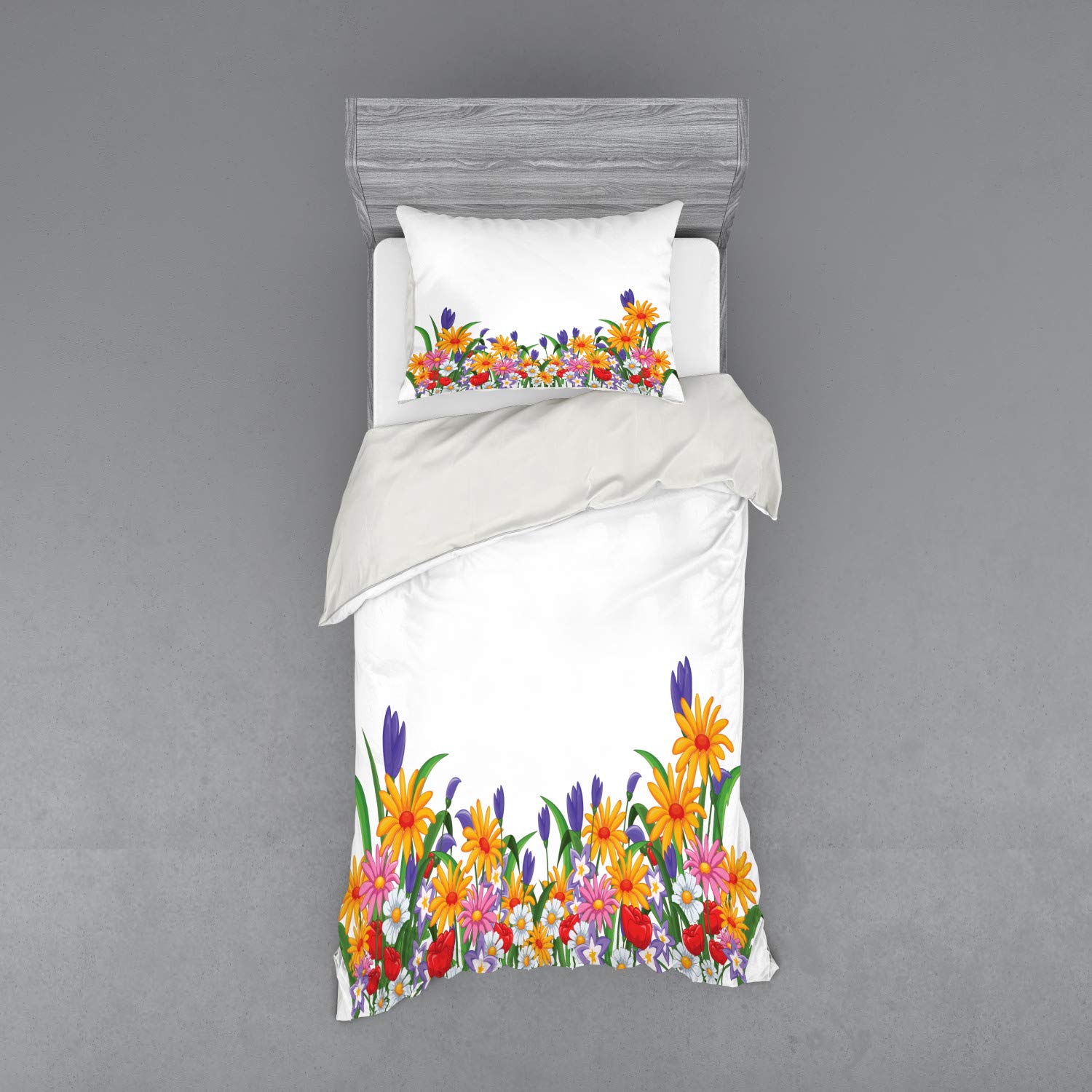 Ambesonne Floral Bedding Set - 3 Piece Duvet Cover with Sham & Fitted Sheet, Twin Size, Cartoon Garden Print with Daisies Violets Tulips, Multicolor - Perfect for Kids Room, Guest Bedroom & Spring Home Decor