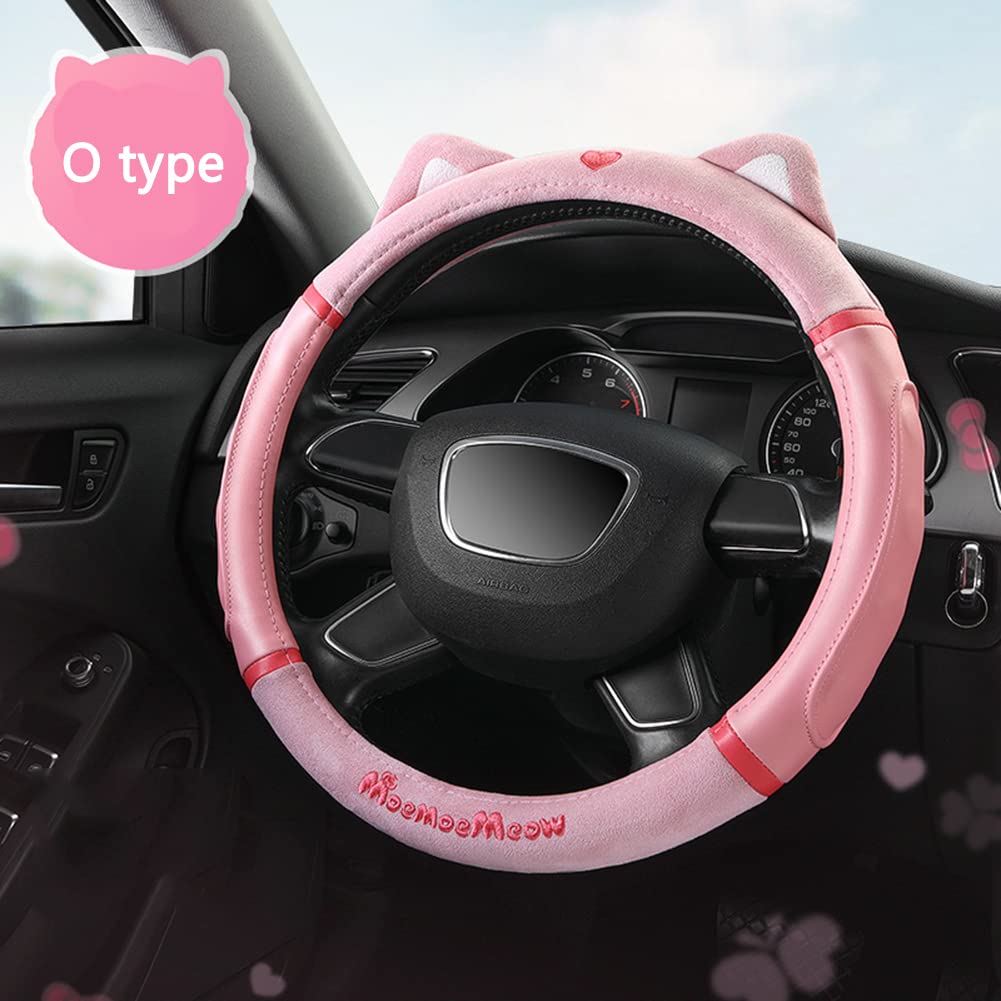 INFIJYON 14 Inch Pink Cat Ear Steering Wheel Cover - Non-Slip O-Type Car Steering Wheel Protector for Women & Girls - Cute Car Interior Decoration Accessory for Safe & Stylish Driving