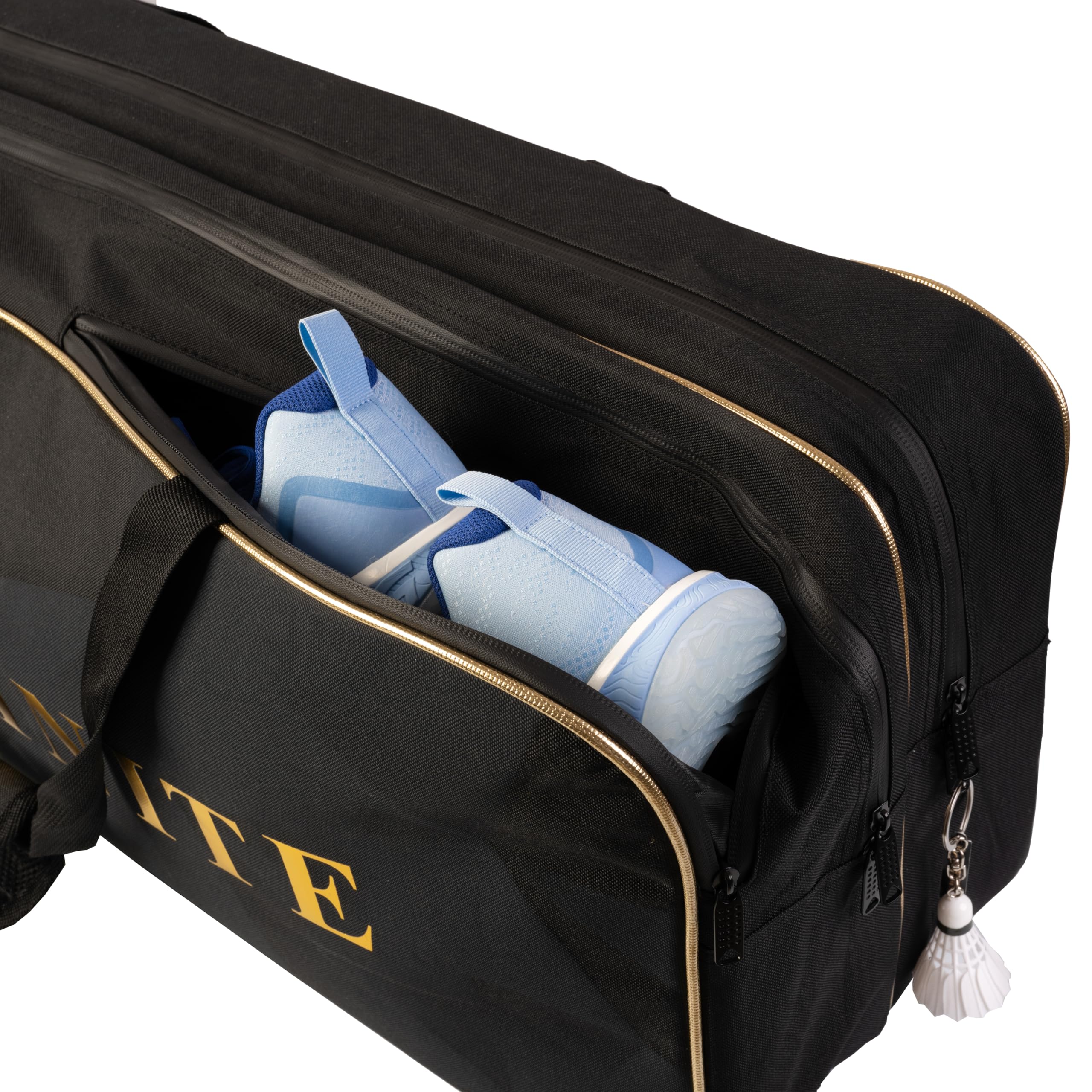 Premium Thermal Badminton Kit Bag with 3 Compartments - Large Capacity Sports Bag Holds 6 Rackets & Shoes - Durable Oxford Fabric with Double Zipper (Black & Gold) - Perfect for Badminton Tournaments, Training & Gym Storage