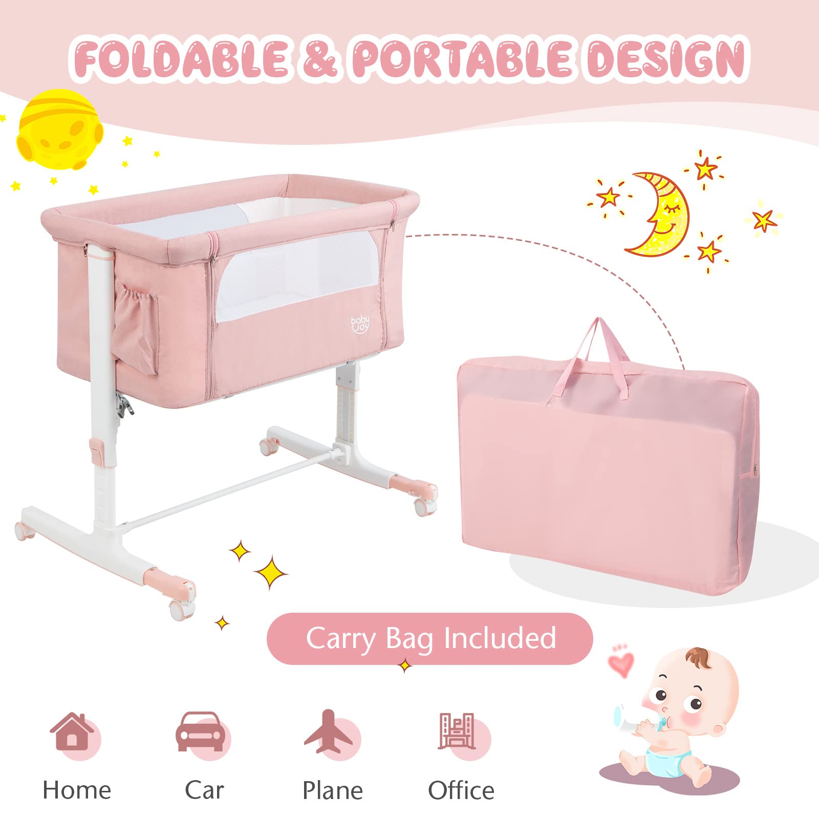 BABY JOY 3-in-1 Adjustable Height Folding Baby Bassinet Bedside Sleeper with Mattress, Lockable Wheels, Storage Pocket & Carry Bag - Portable Crib for Newborn Infants - Nursery, Bedroom & Travel Use (Pink)