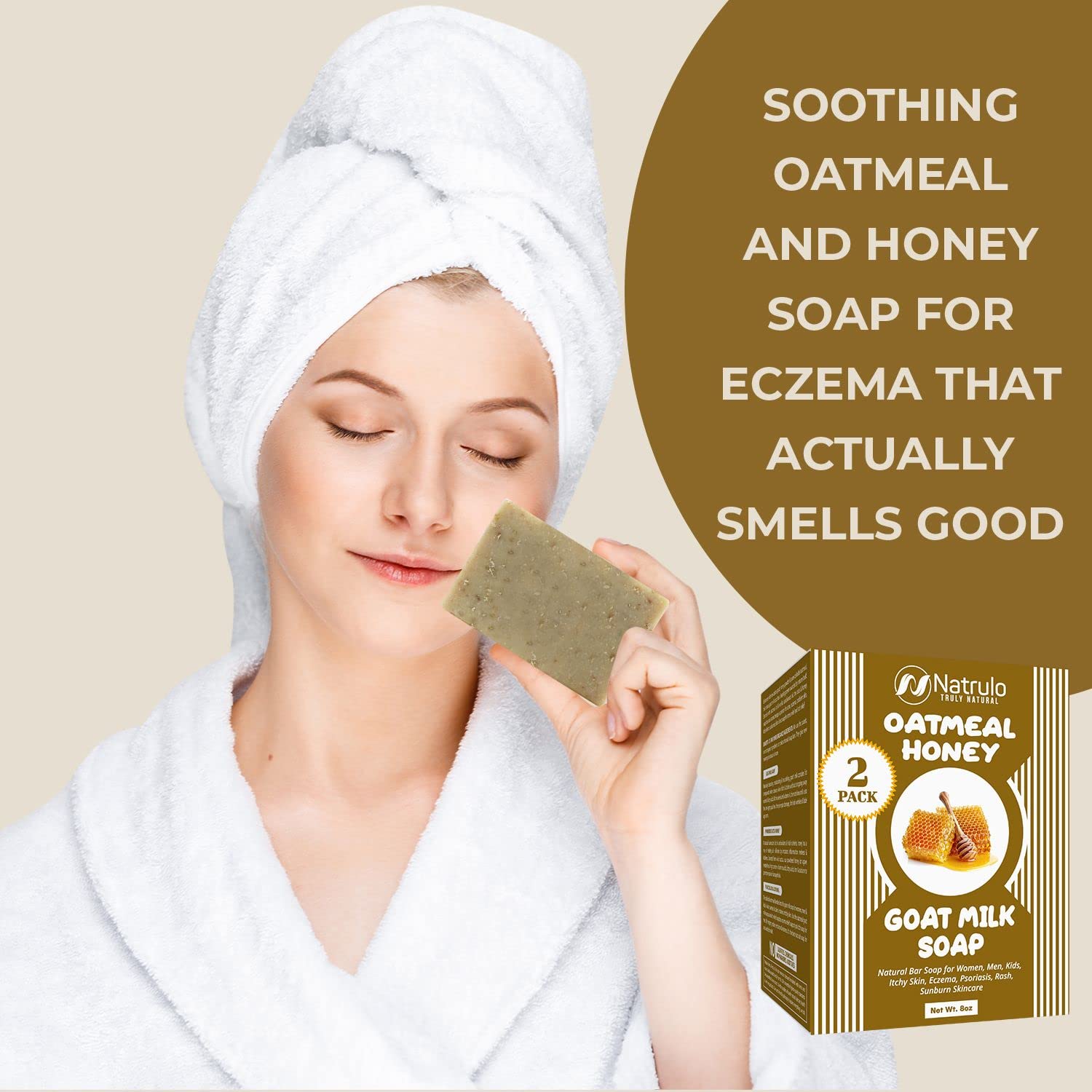 Oatmeal Honey Goat Milk Soap Bar 4oz - Natural Moisturizing Bar Soap for Dry & Sensitive Skin - Eczema, Psoriasis & Sunburn Relief - Colloidal Oatmeal Face & Body Cleanser (2 Pack) - Perfect for Daily Skincare Routine & Travel