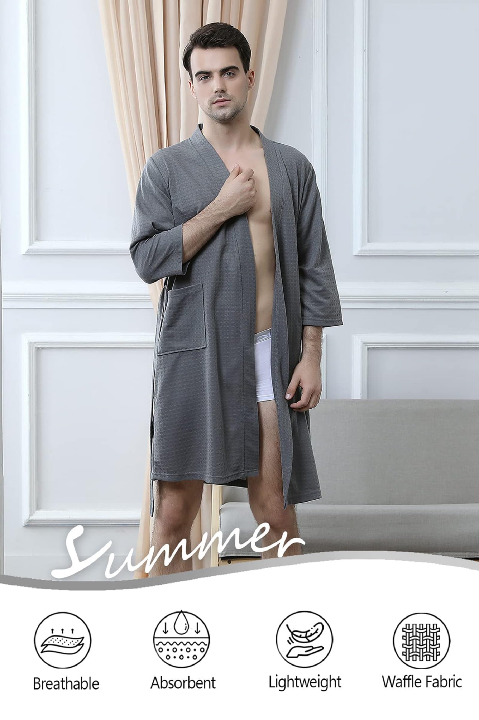 **Men's Lightweight Summer Robes - Knee Length Soft Absorbent Bathrobe for Pool, Shower & Lounge Wear - Perfect for Beach, Spa & Home Relaxation**