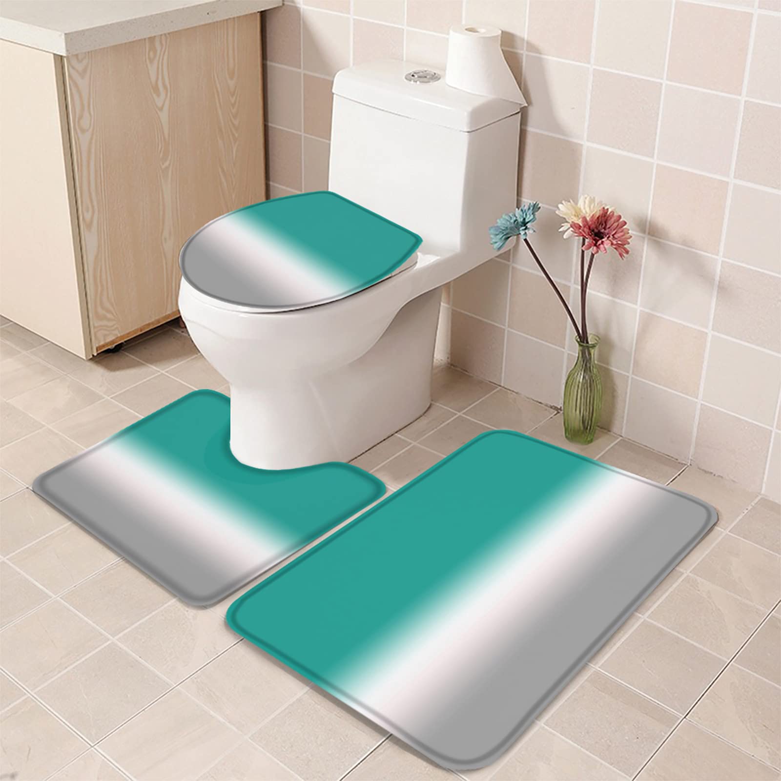 3-Piece Non-Slip Bathroom Rug Set - Green & Gray Ombre Gradient Contour Mat, Toilet Lid Cover & Absorbent Shower Mat | Soft Bath Mats for Bathroom Safety & Comfort | Perfect for Modern Homes, Guest Bathrooms & Spa-Like Showers