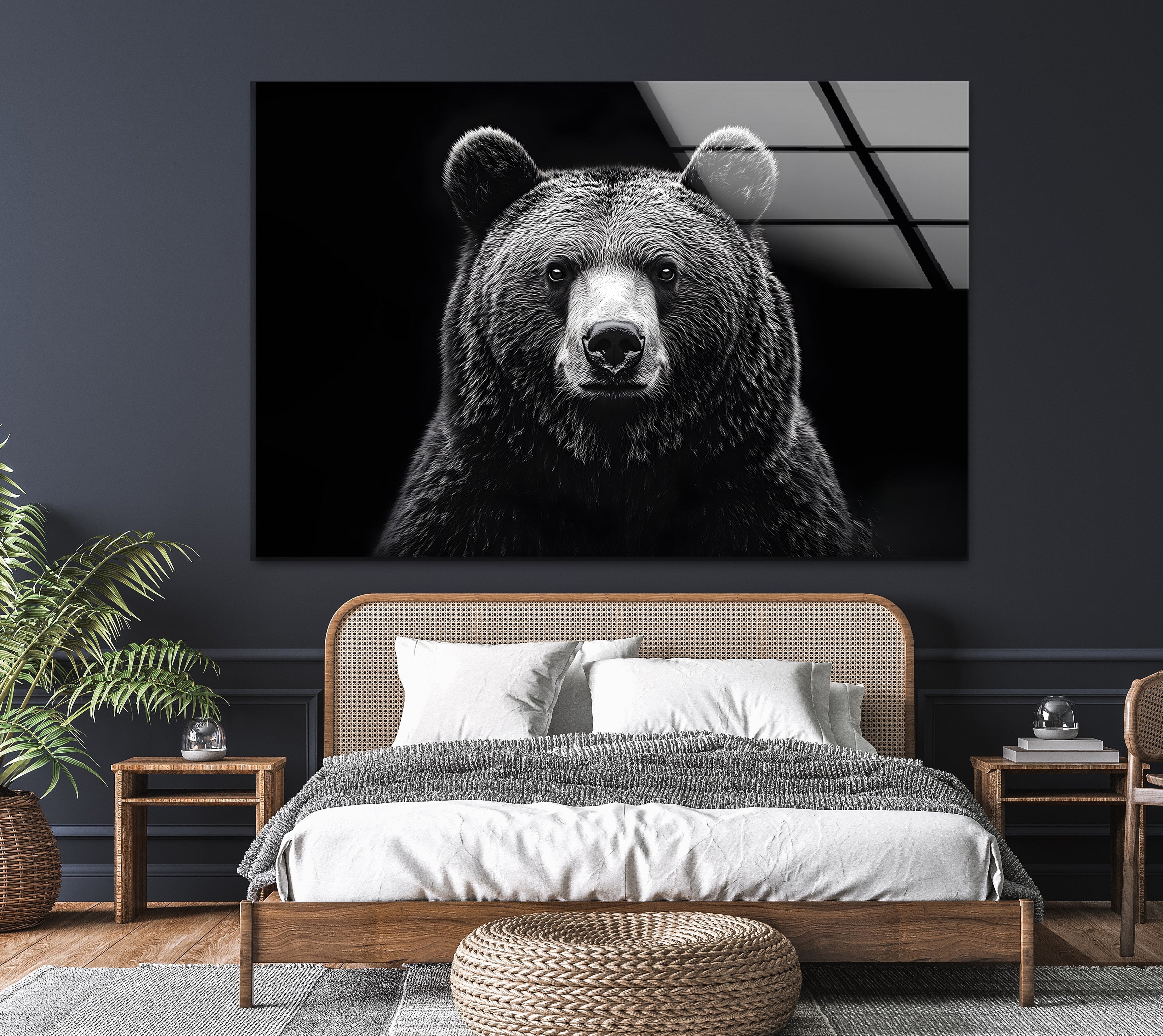 Black and White Bear Wall Art - Modern Animal Design on Glass for Living Room, Bedroom & Office Decor